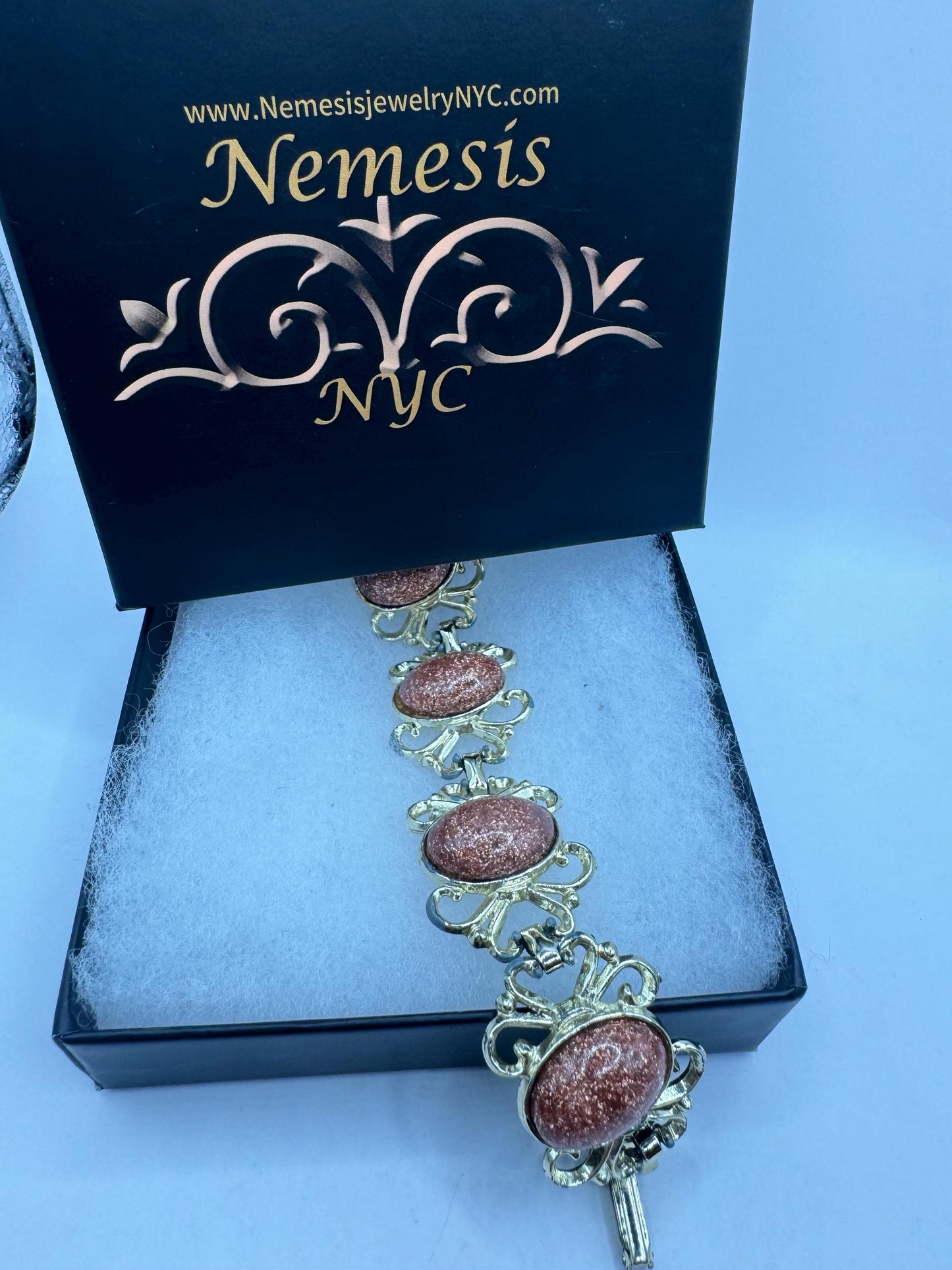 Vintage goldstone Glass Silver Statement Chain Bracelet
