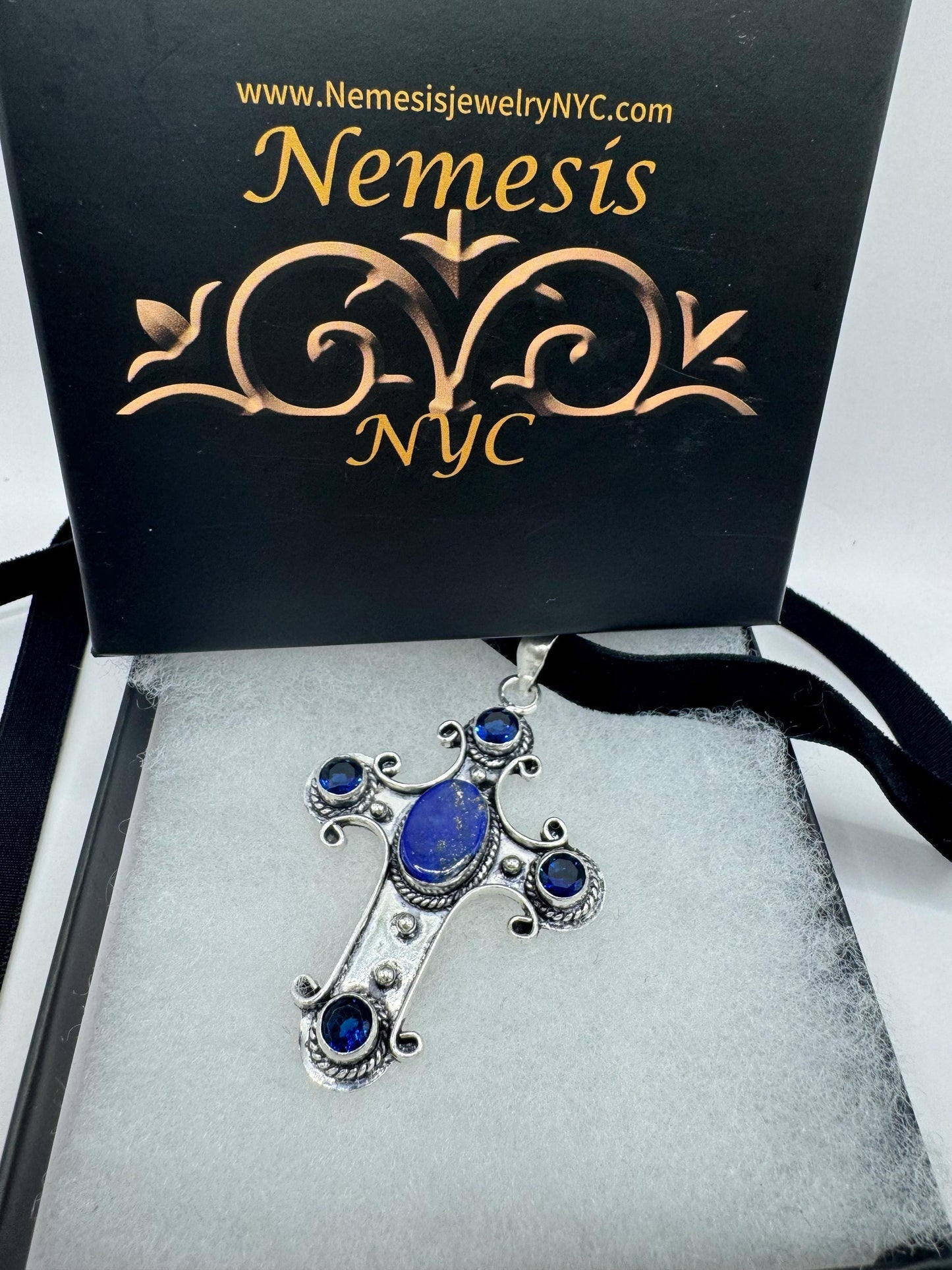 Vintage Lapis Colbolt Blue Glass Cross Black Velvet Choker Necklace