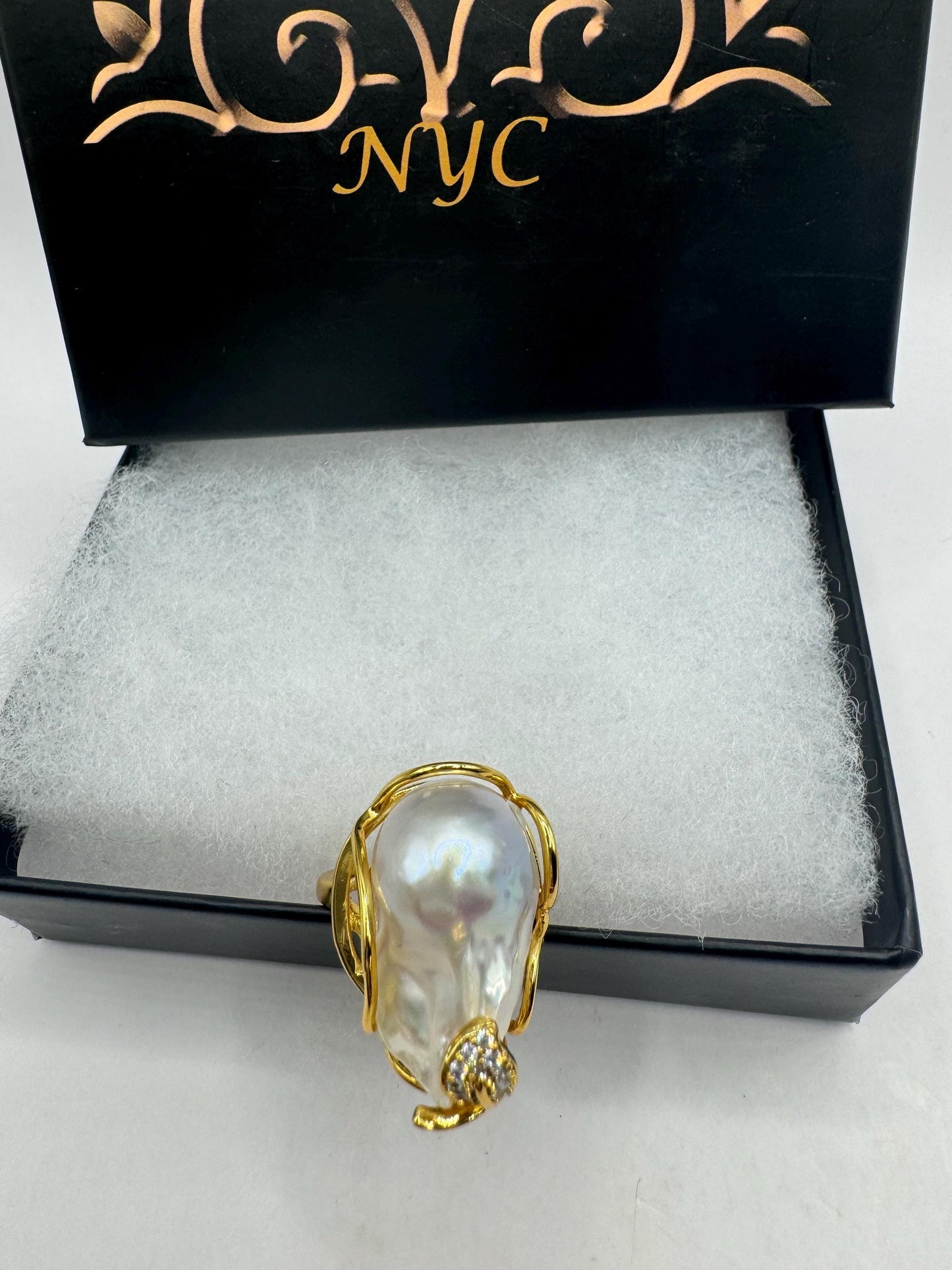 Vintage Biwa Pearl Ring Golden 925 Sterling Silver Cocktail Statement Adjustable