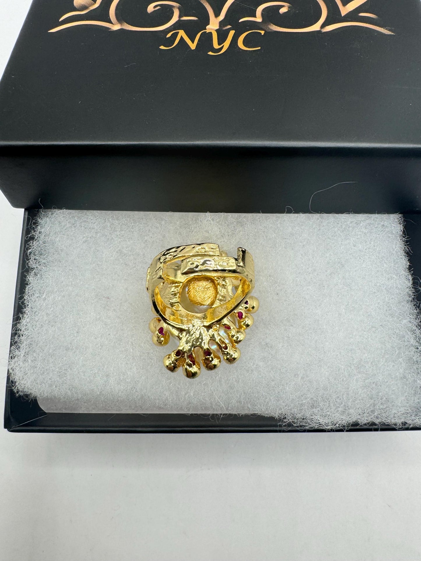 Vintage Biwa Pearl Ring Golden 925 Sterling Silver Cocktail Statement Adjustable