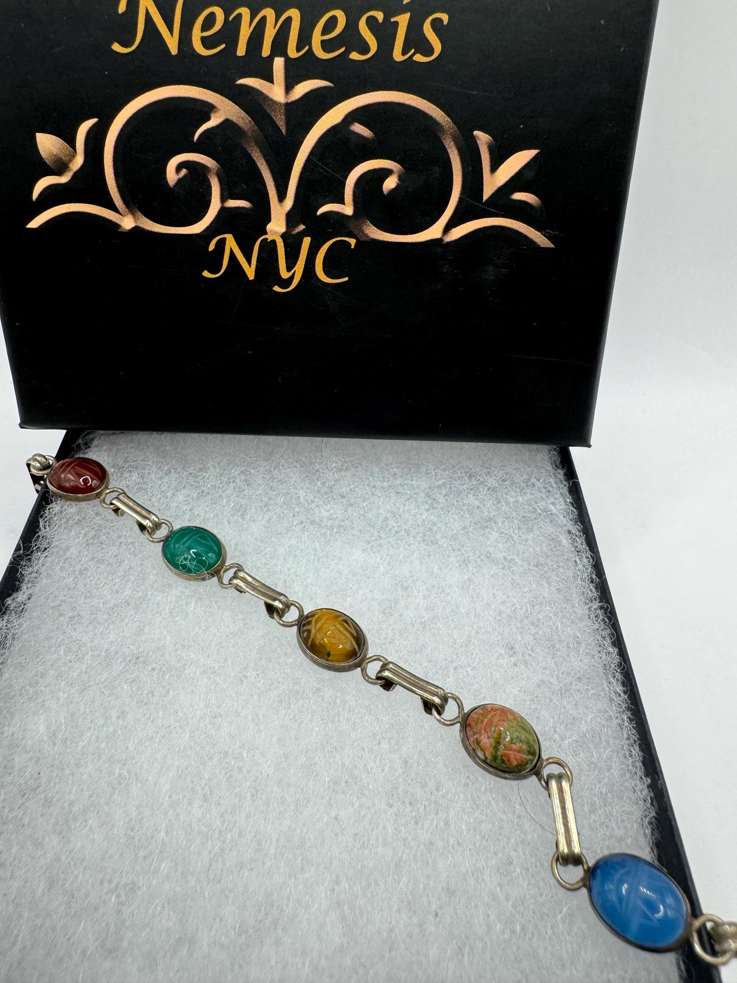 Vintage Scarab Bracelet 925 Sterling silver Carved Gemstones