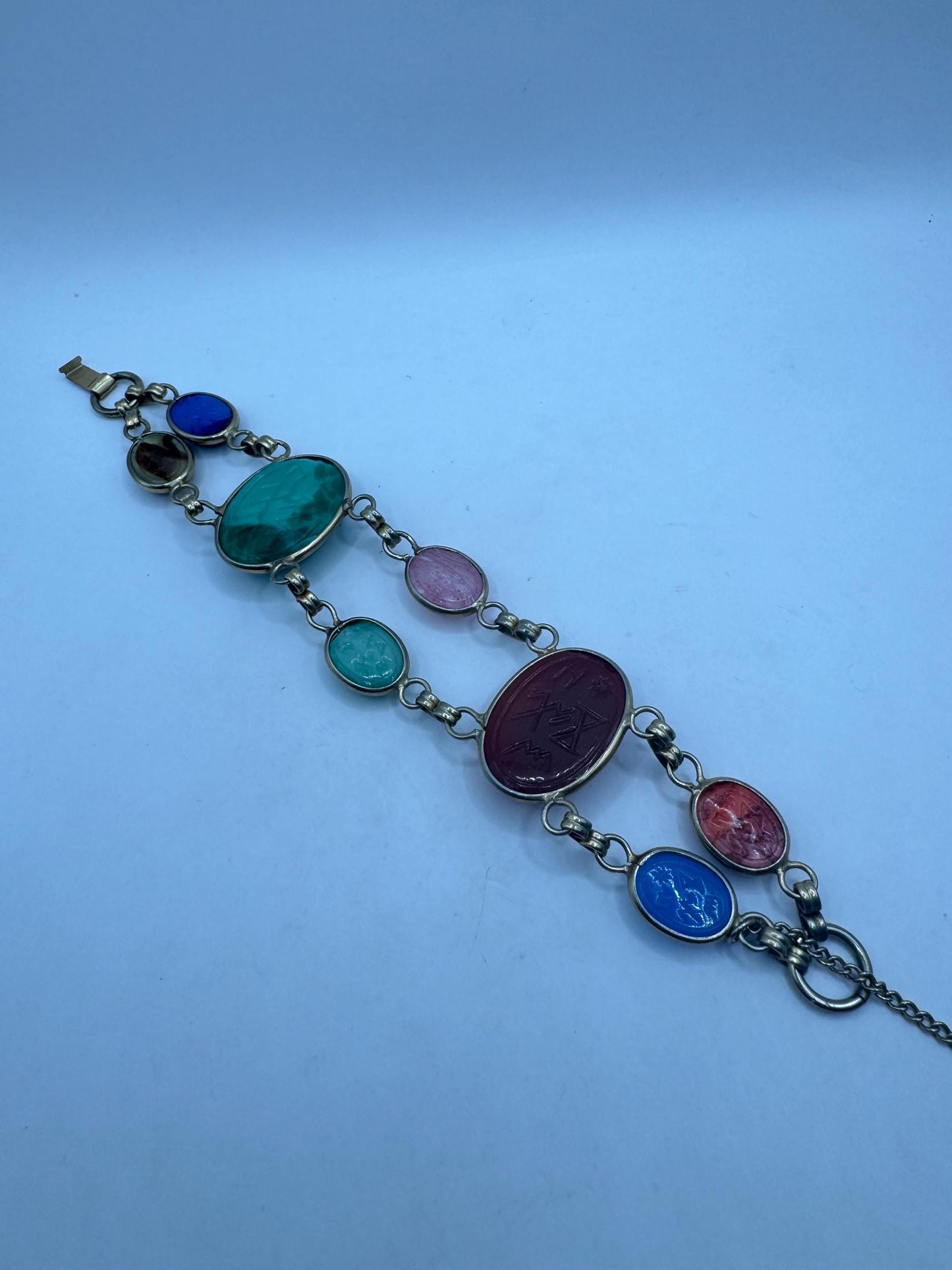 Vintage Scarab Bracelet Gold filled Carved Gemstones