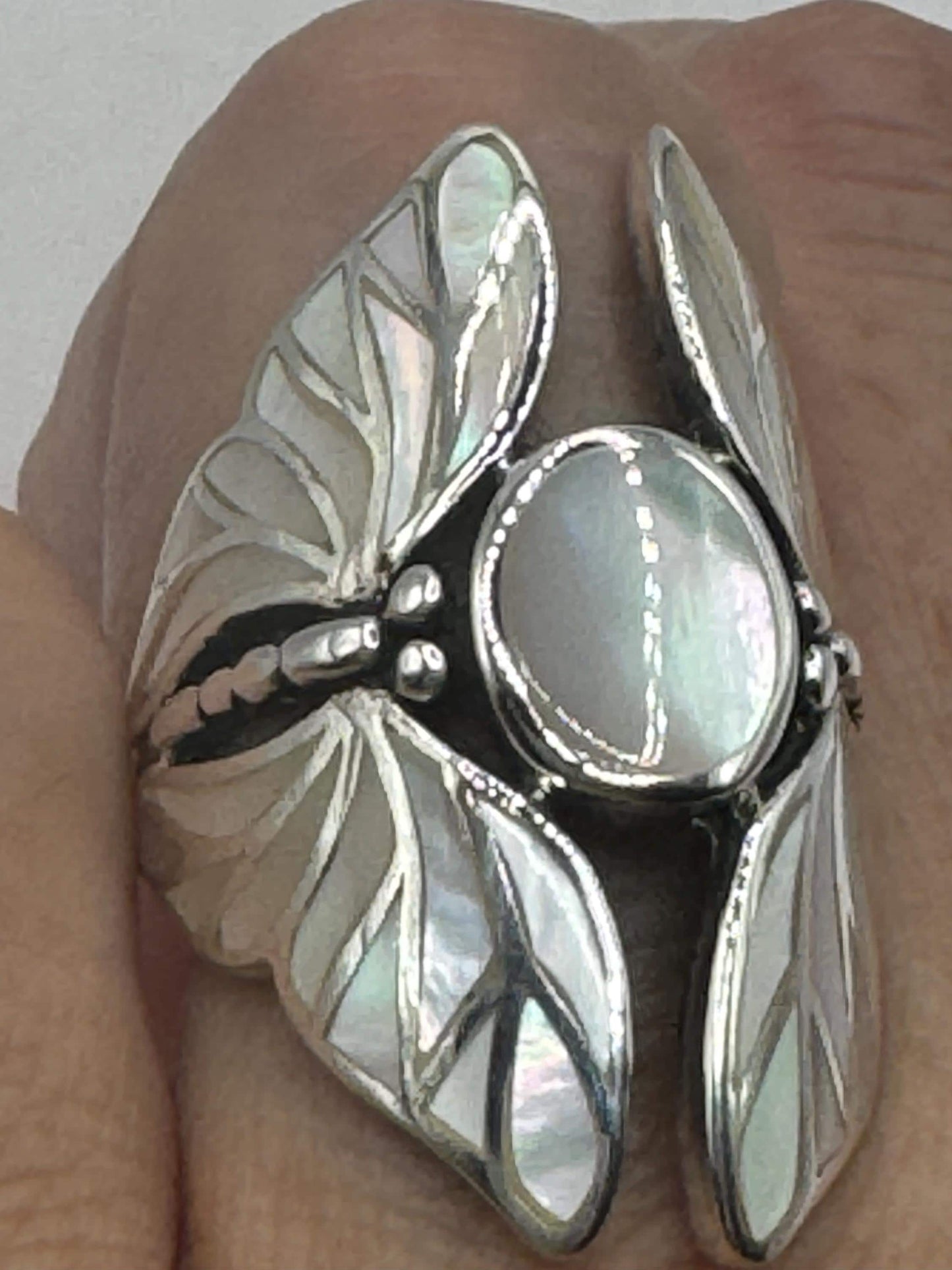 Antique Deco Mother of Pearl Lunar Moth 925 Sterling Silver Ring