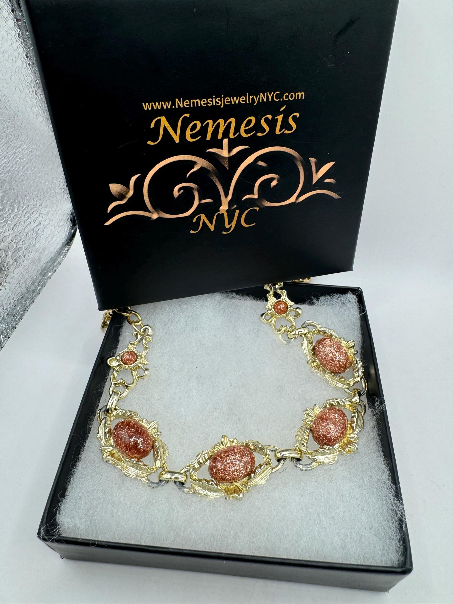 Vintage goldstone Glass Silver Statement Chain Necklace