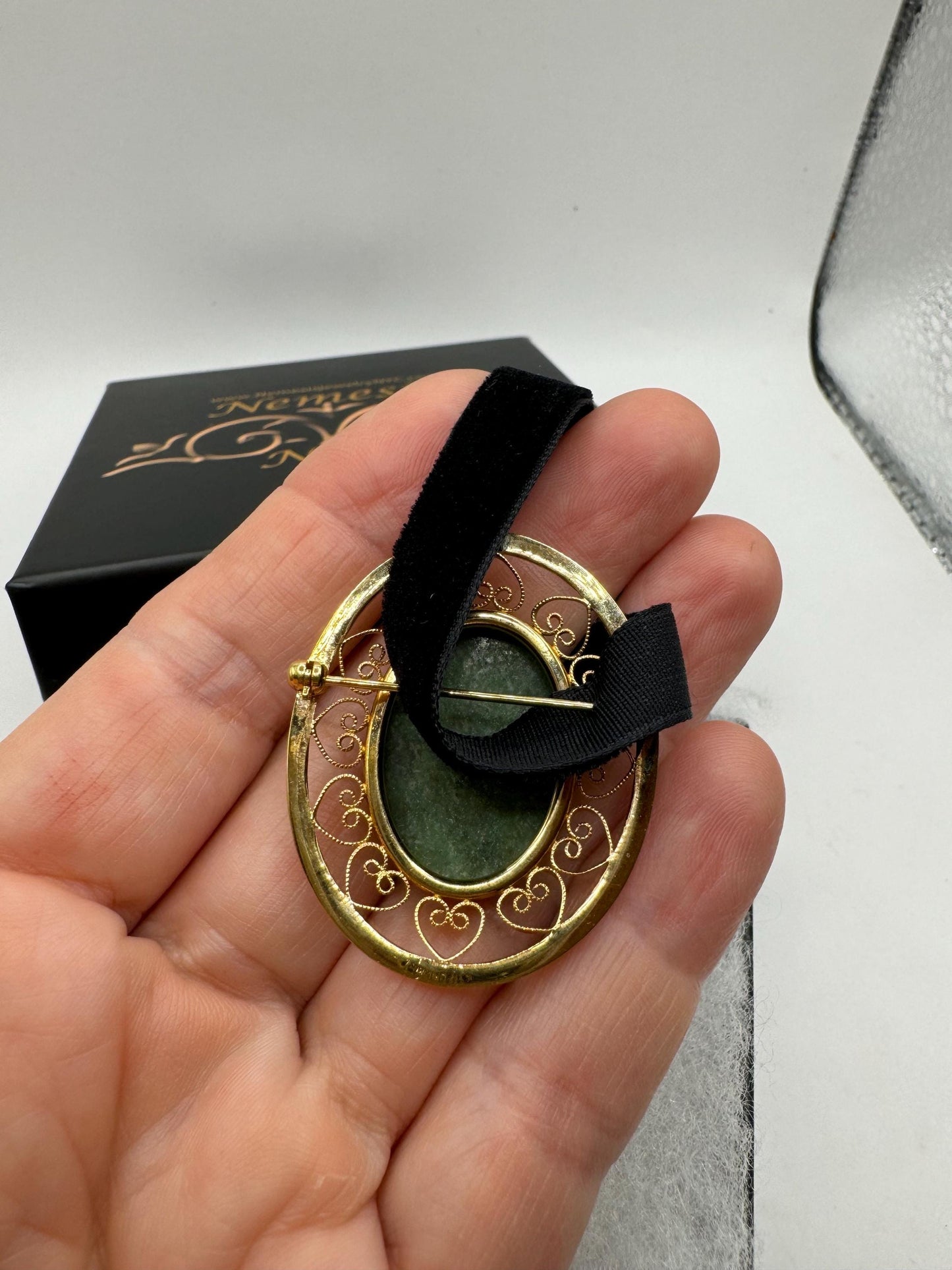 Vintage Green Jade Yellow Gold Filled Brooch Pin