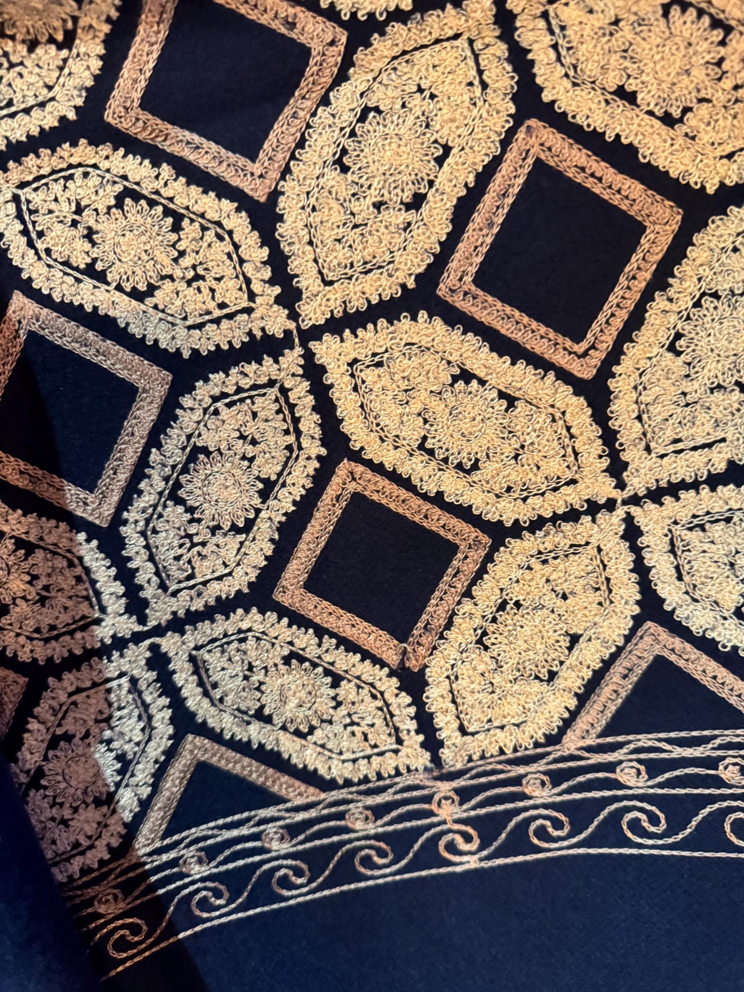 Vintage Navy Blue Cashmere Pashmina Scarf Wrap Paisley Embroidered