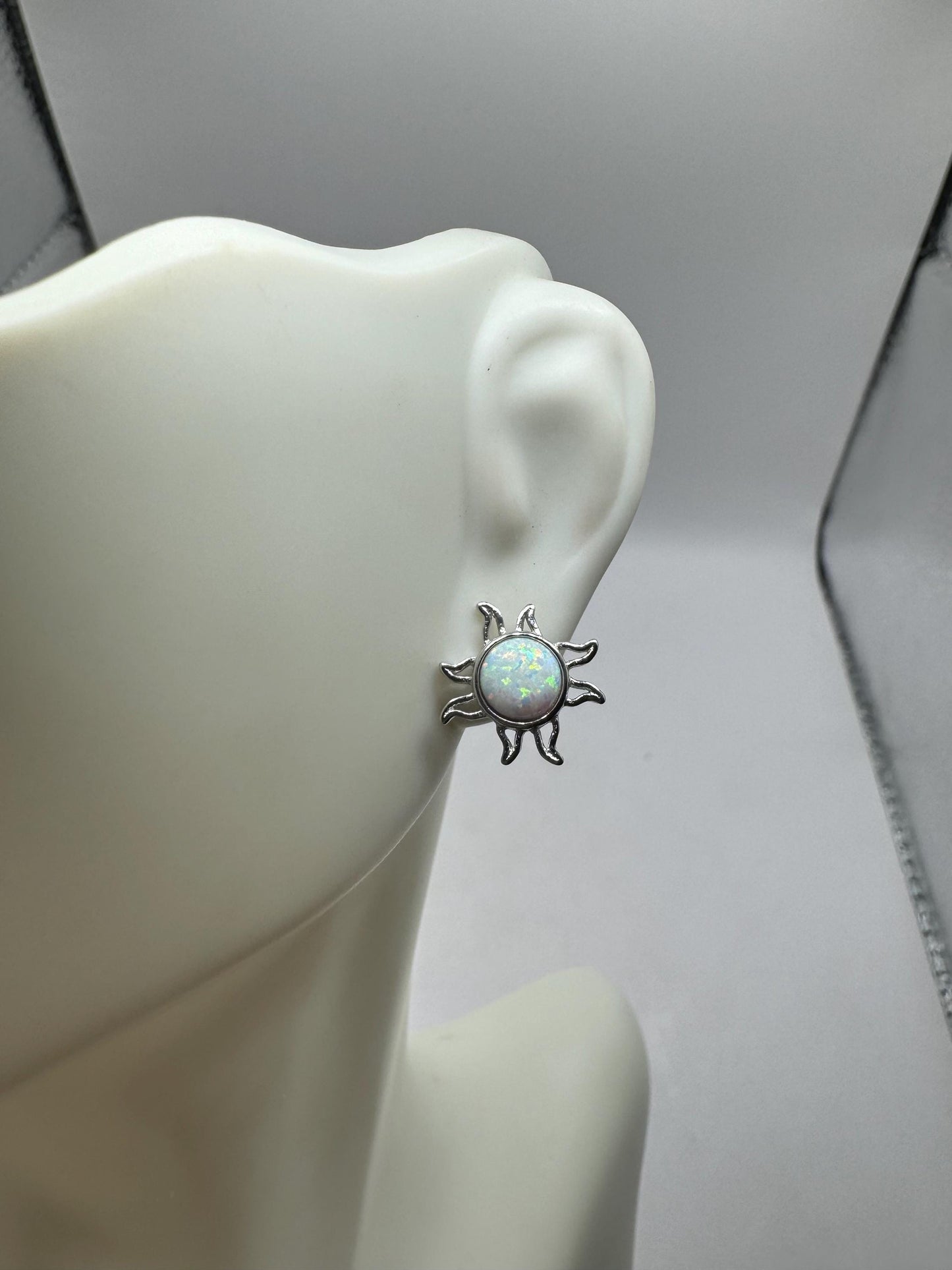 Vintage White Opal Sun Earrings 925 Sterling Silver Stud Button