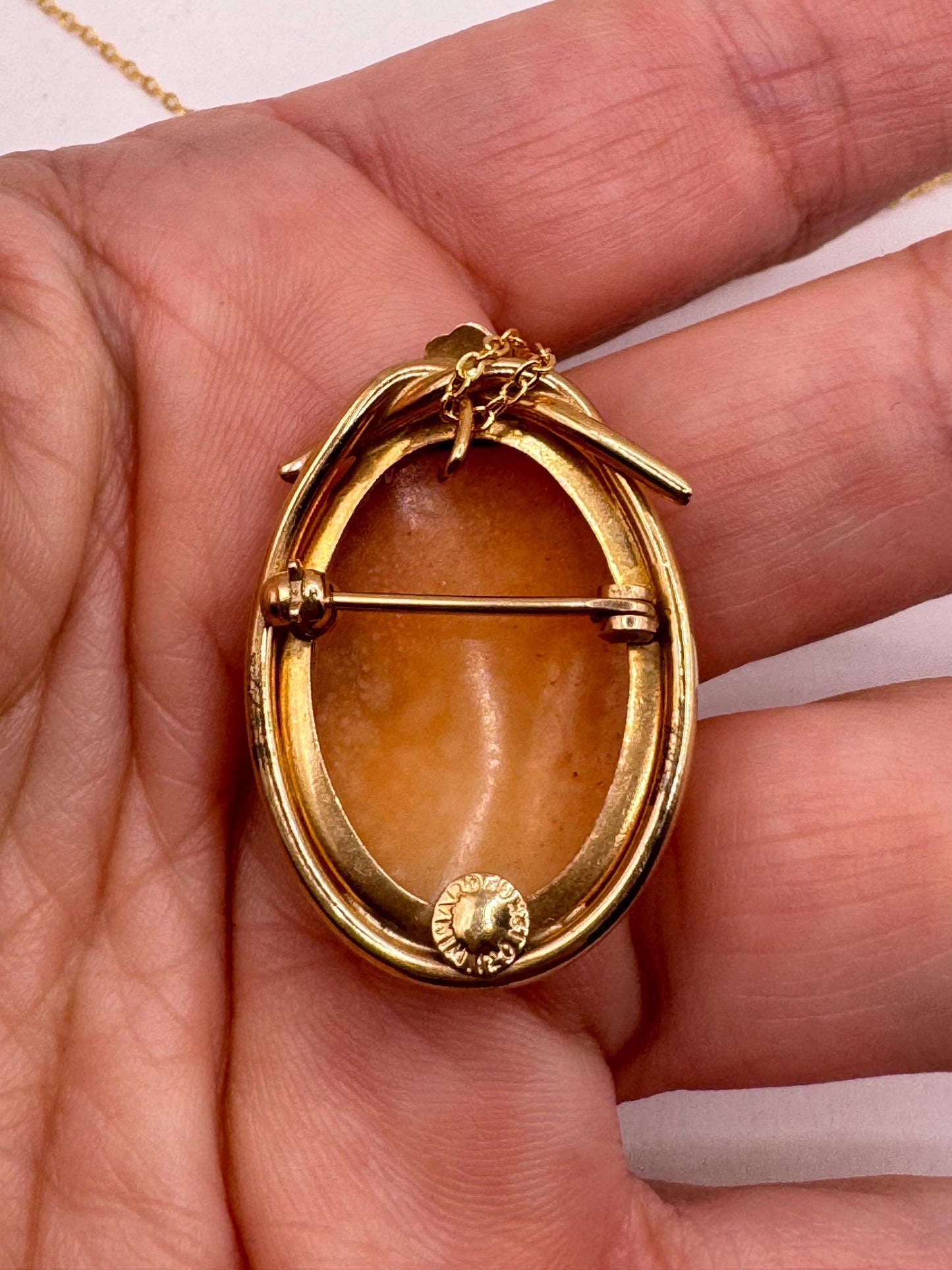 Vintage Shell Cameo Pea Yellow Gold Filled Necklace Choker pin brooch