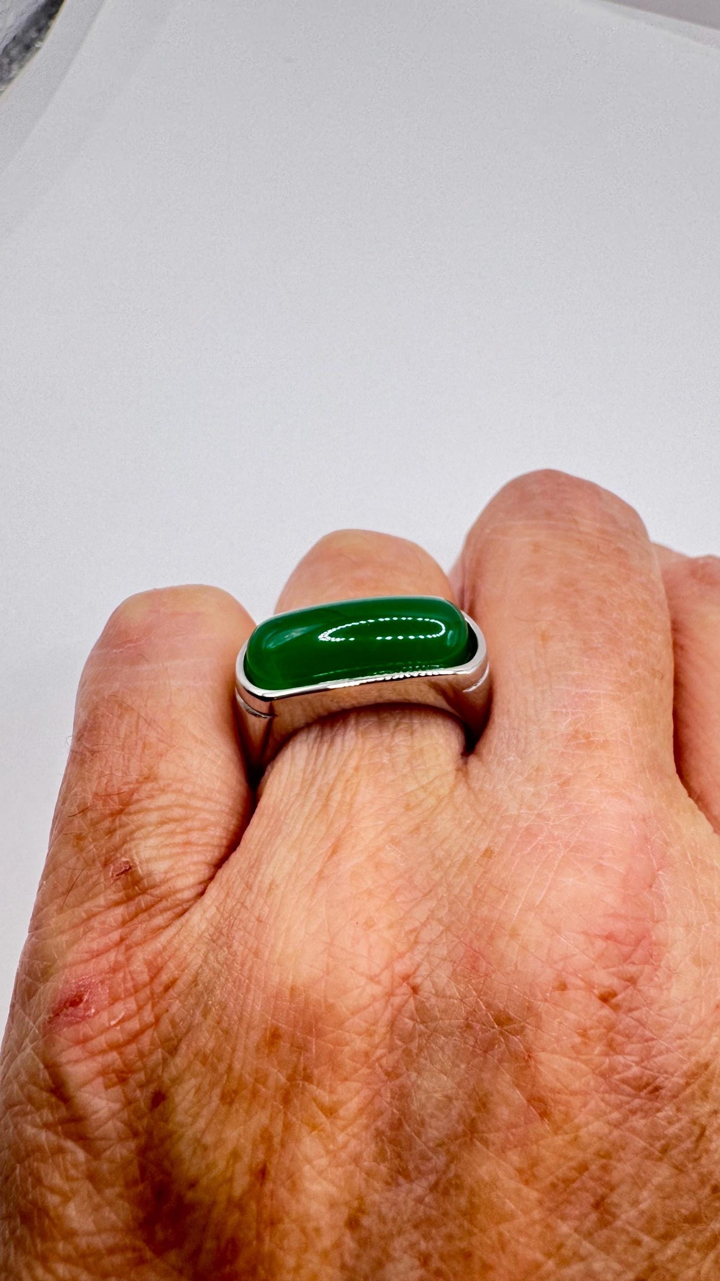 Vintage Green fun Jade silver stainless steel Mens Ring