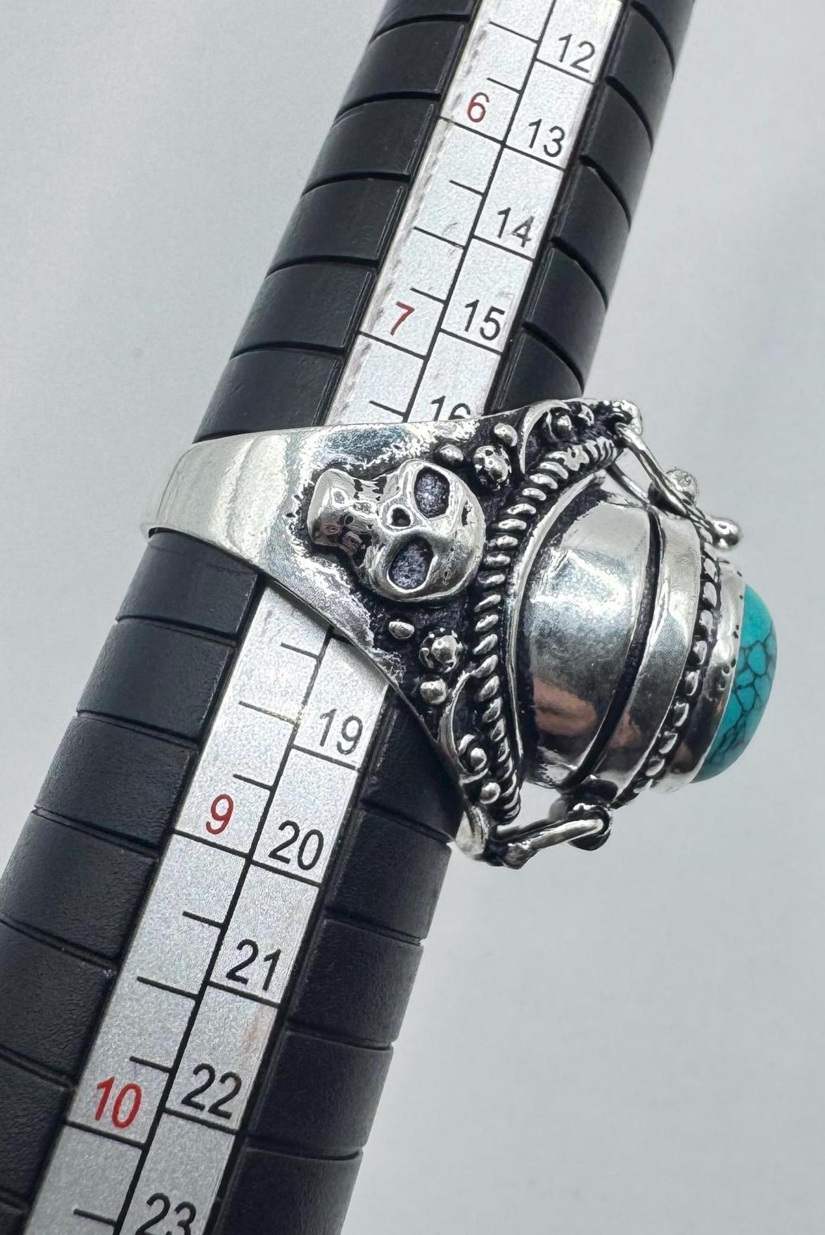 Vintage Skull Blue Turquoise Howlite Silver Bronze Poison Pillbox Ring