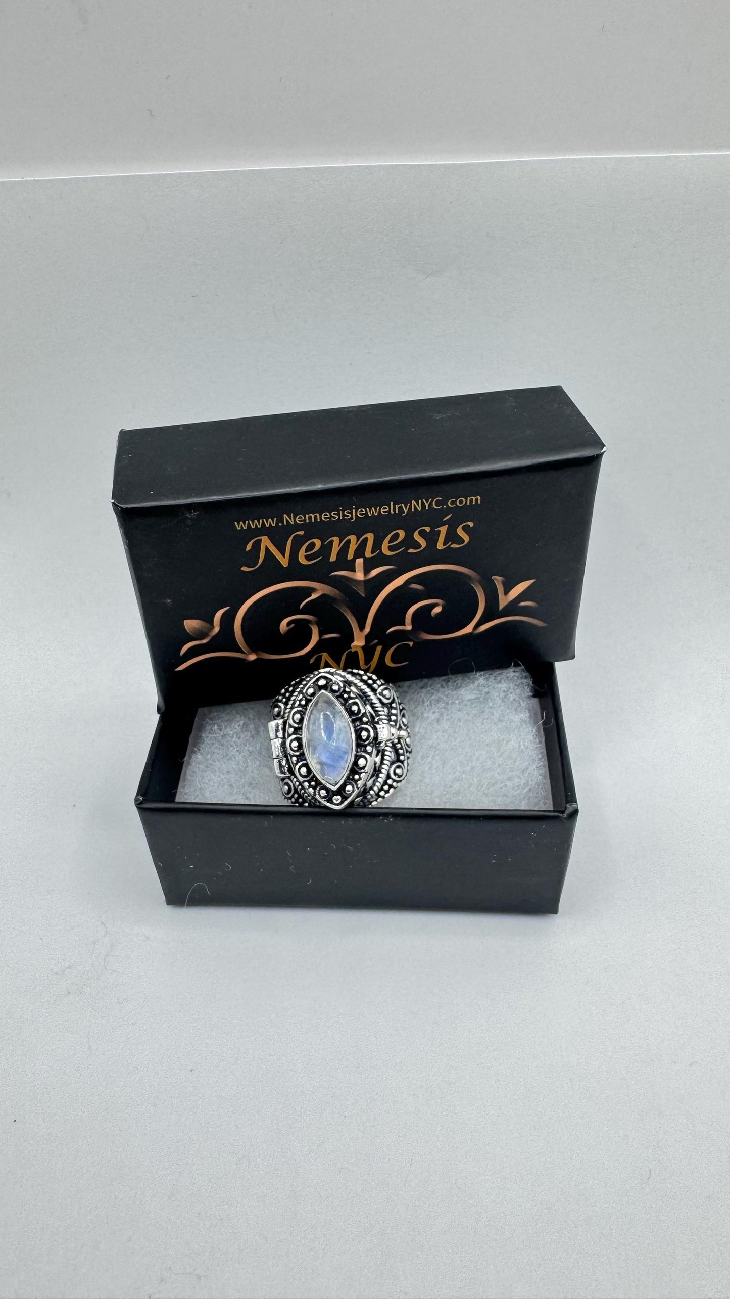 Vintage Rainbow Moonstone Brass Poison Pillbox Ring