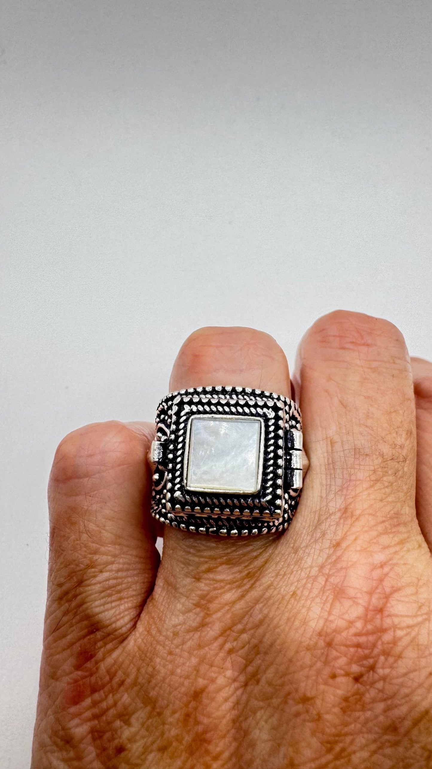 Vintage Rainbow Moonstone Brass Poison Pillbox Ring