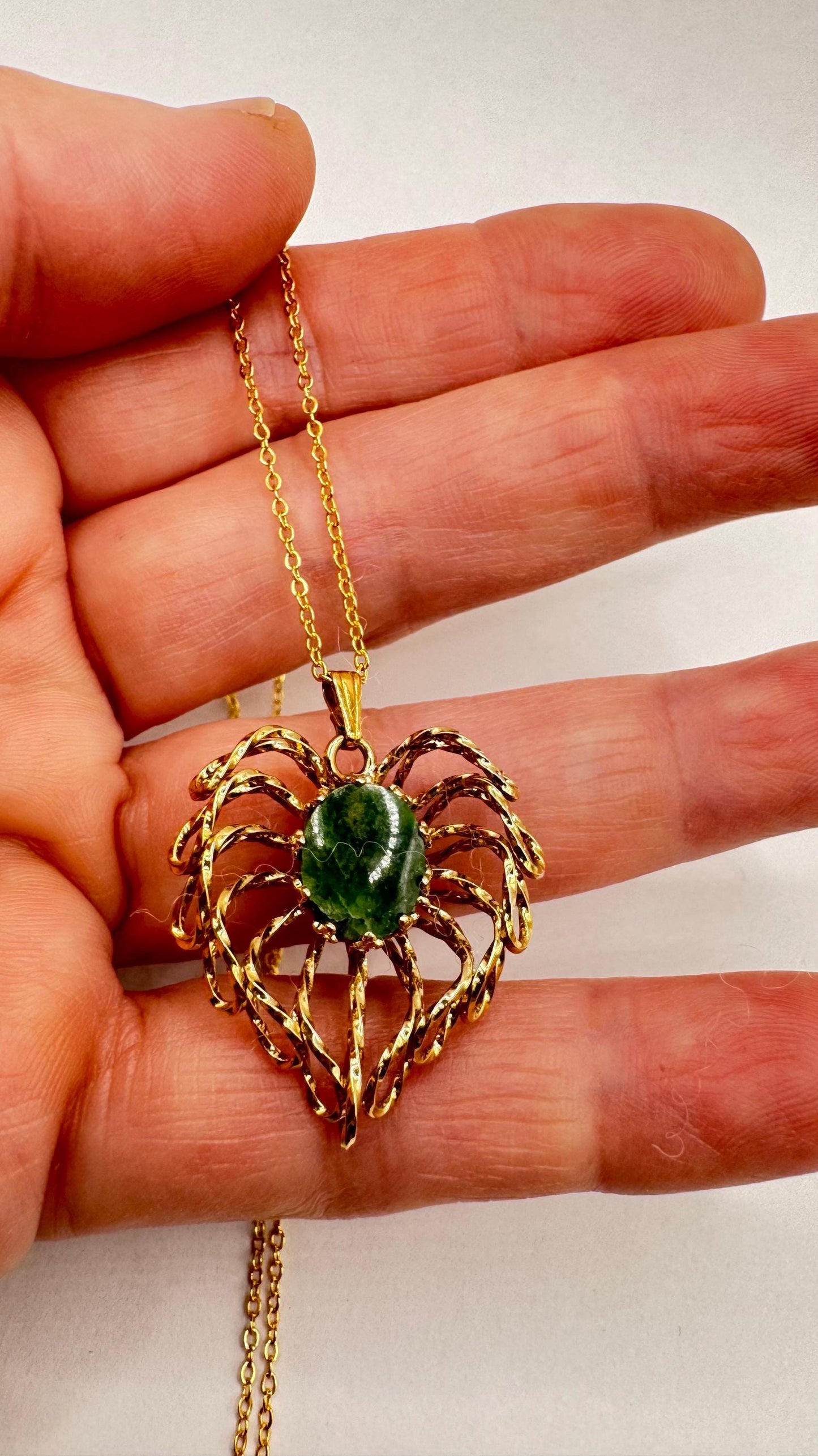 Vintage Green Jade Leaf Yellow Gold Filled Necklace