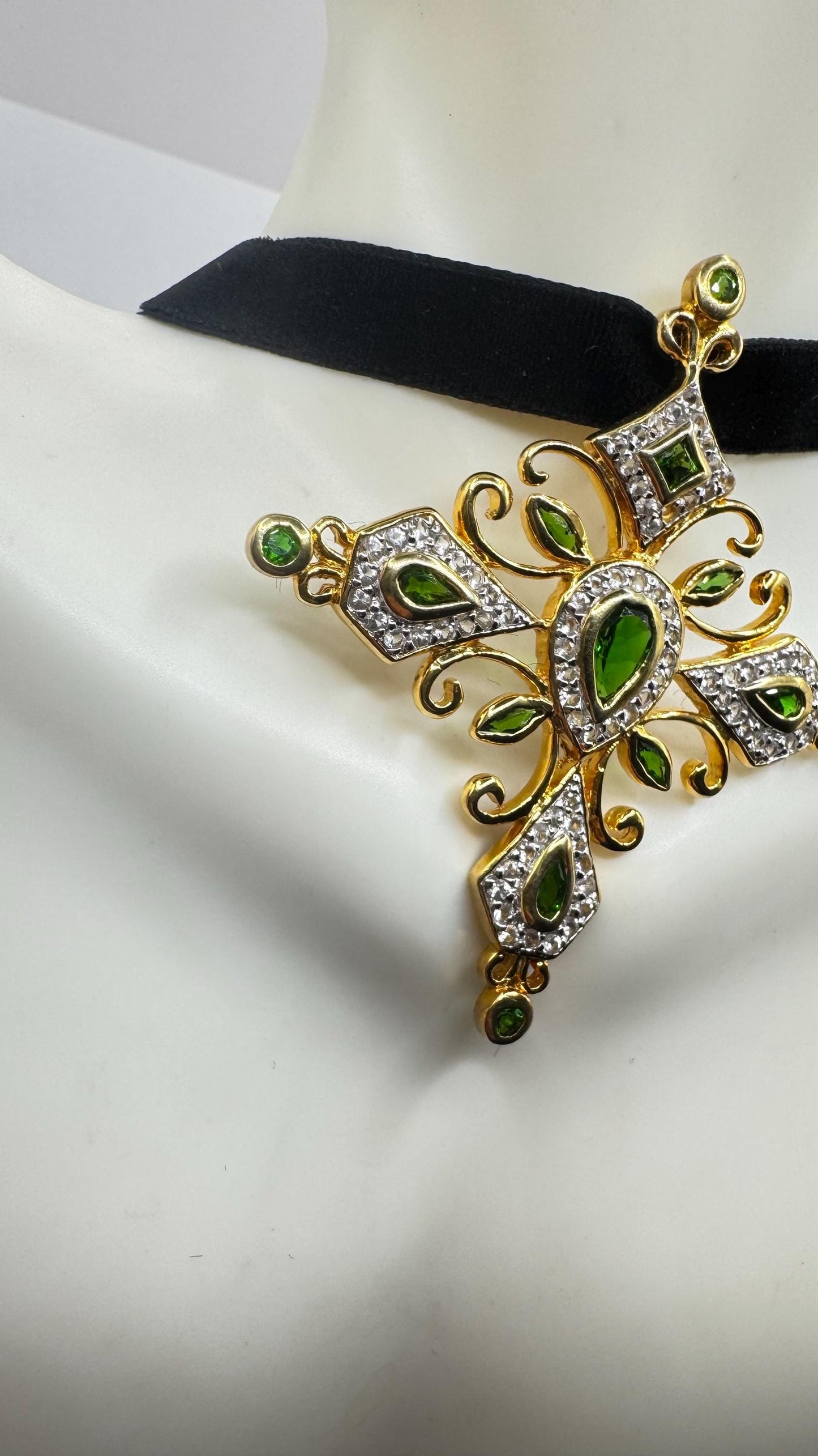 Vintage Handmade 925 Sterling Silver Gold Finish Crome Dipsode Cross Pendant