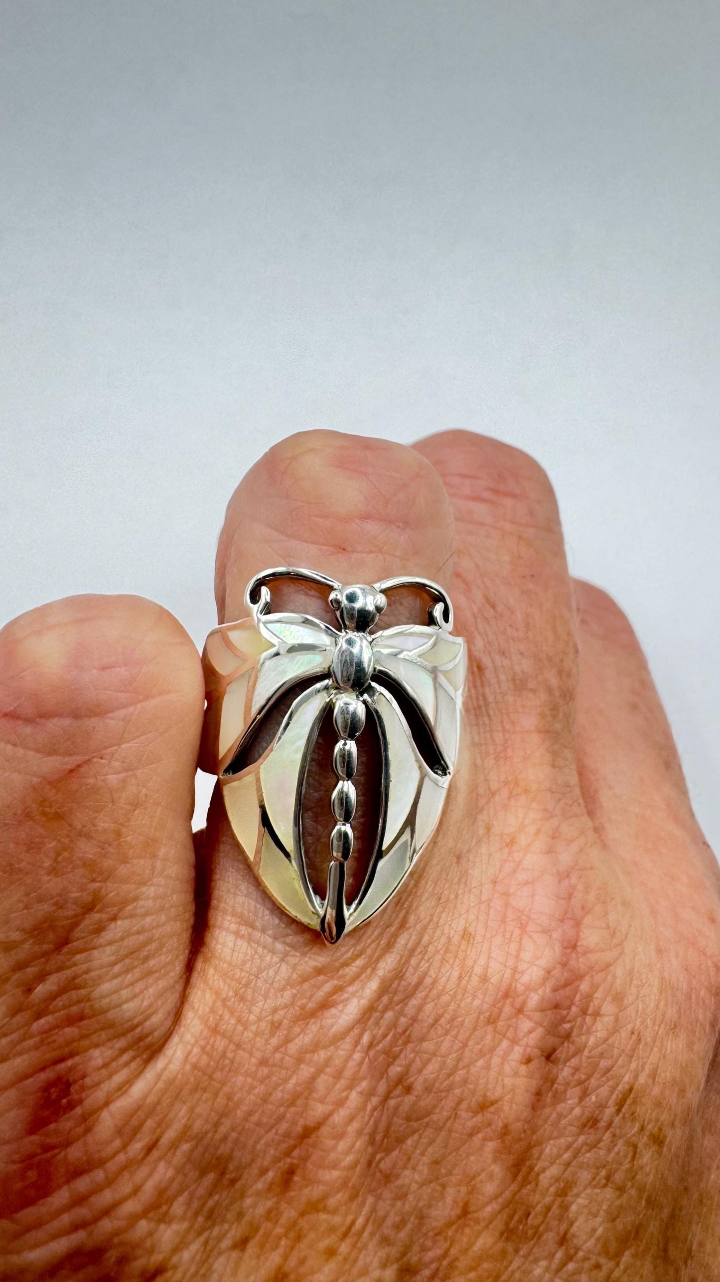 Antique Deco Mother of Pearl Dragonfly 925 Sterling Silver Ring