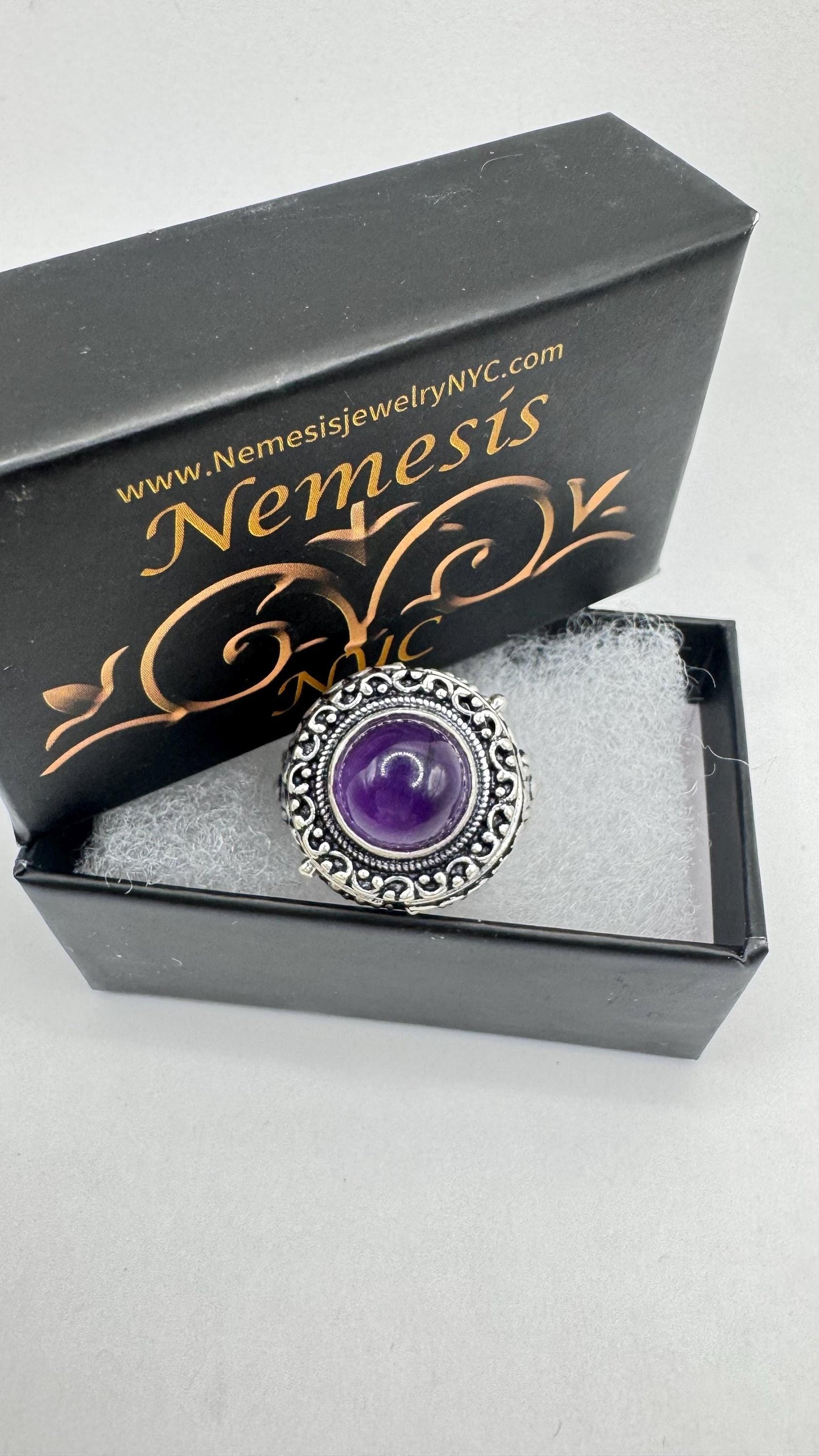 Vintage Purple Amethyst Silver Bronze Poison Pillbox Ring
