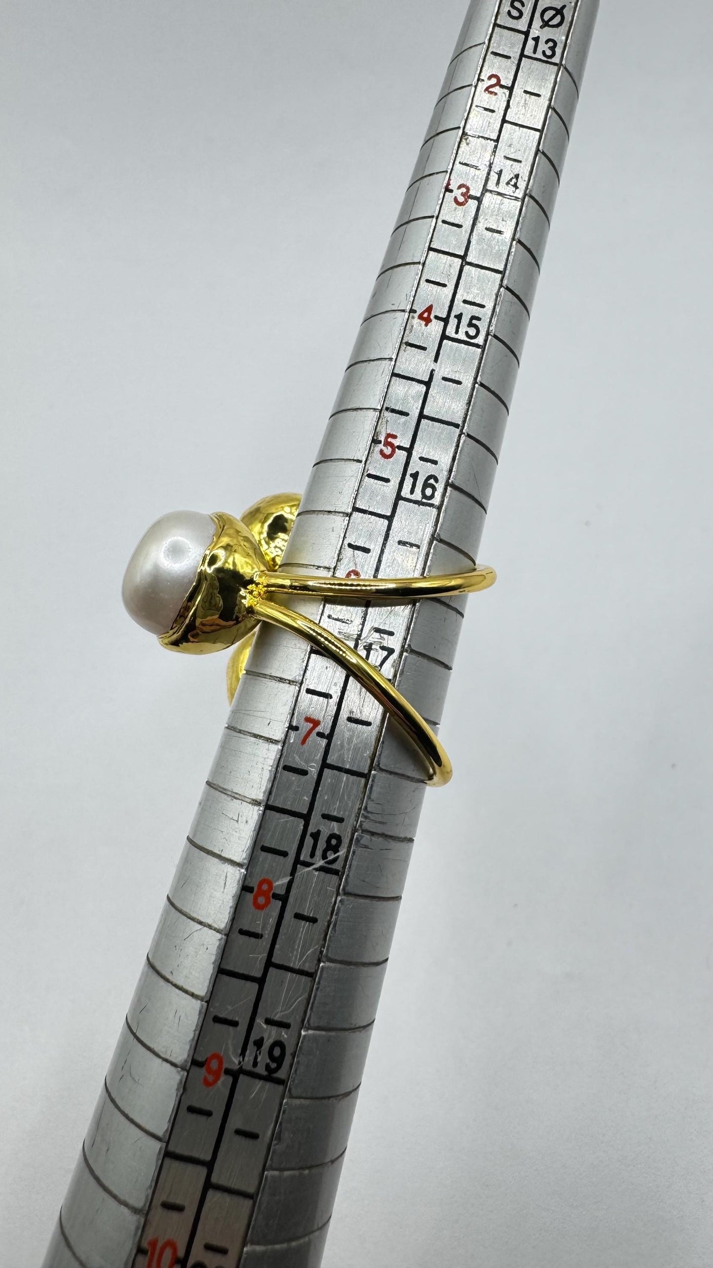 Vintage Biwa Pearl Ring Golden 925 Sterling Silver Cocktail Statement Adjustable