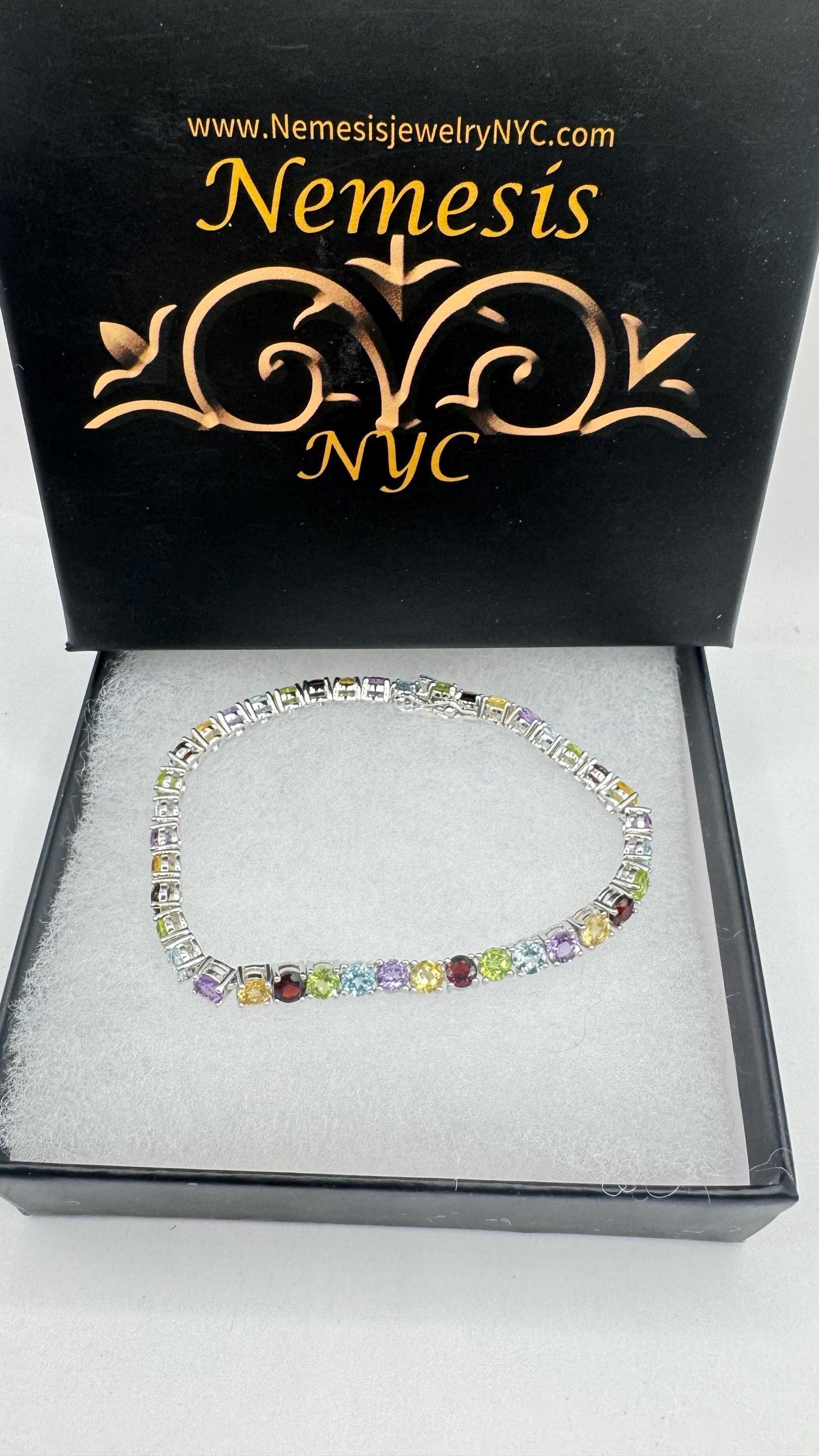 Vintage Mixed Gemstone 925 Sterling Silver Tennis Bracelet