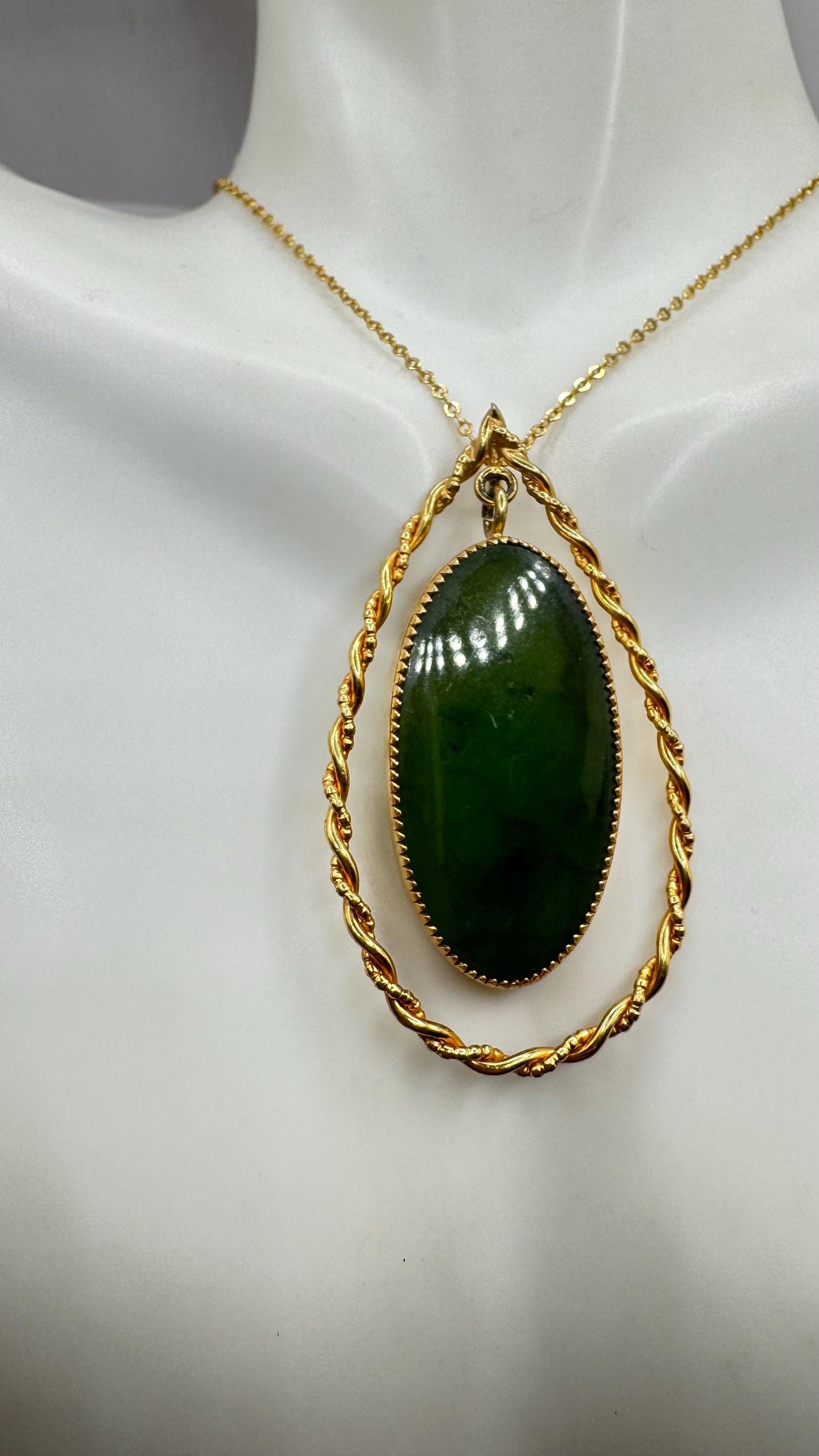 Vintage Green Jade Yellow Gold Filled Necklace
