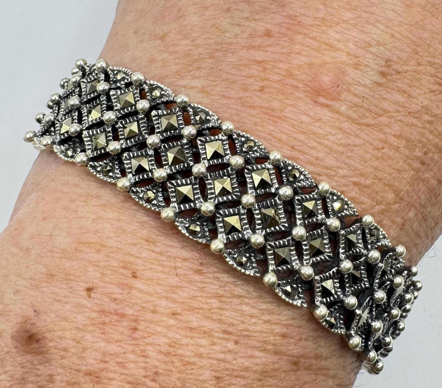 Marcasite Bracelet in 925 Sterling Silver Vintage Handmade 7.5 Inch