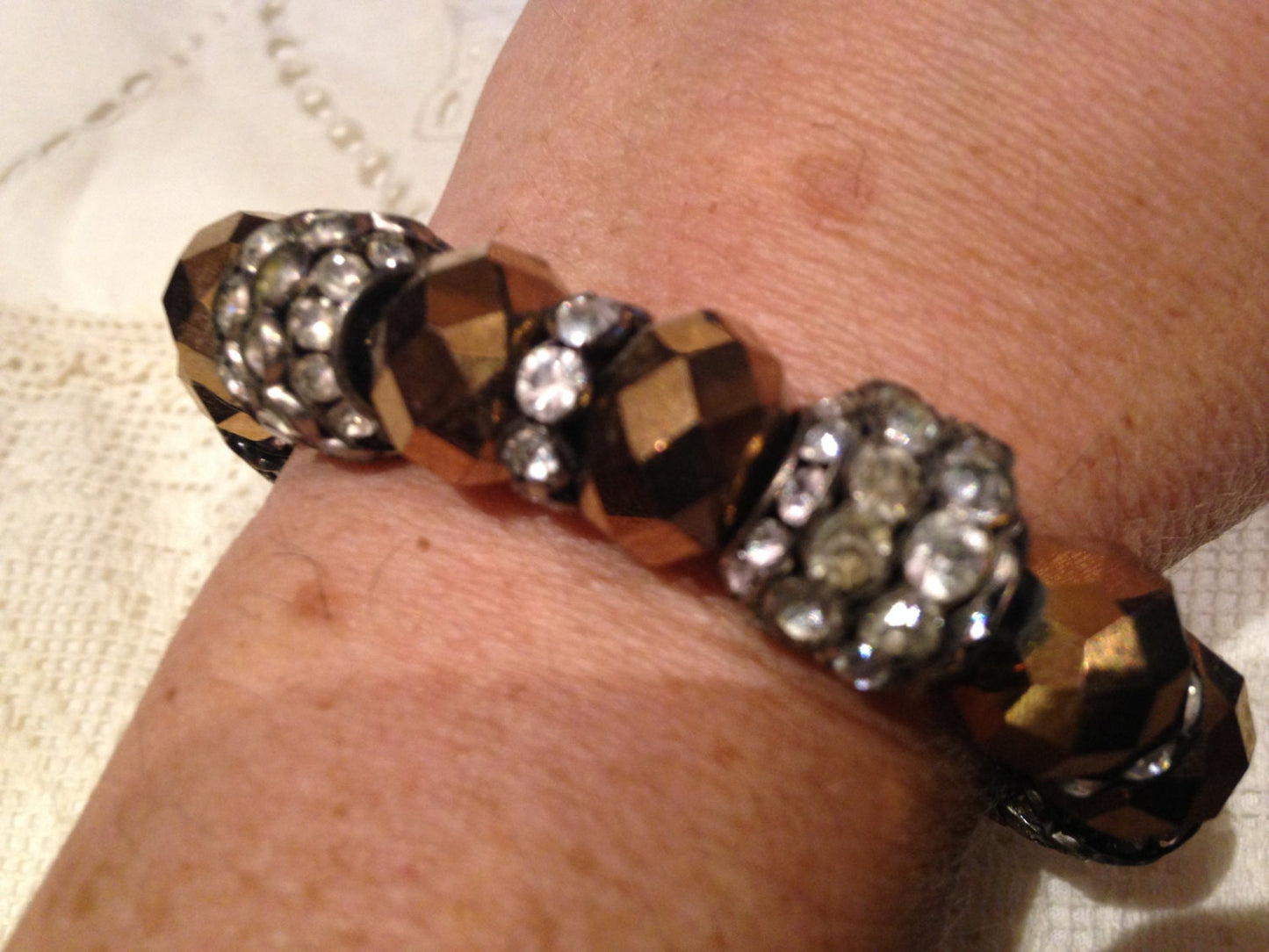 Vintage Styled Copper toned Austrian Crystal/ Antique Roundels Stretch Bracelet