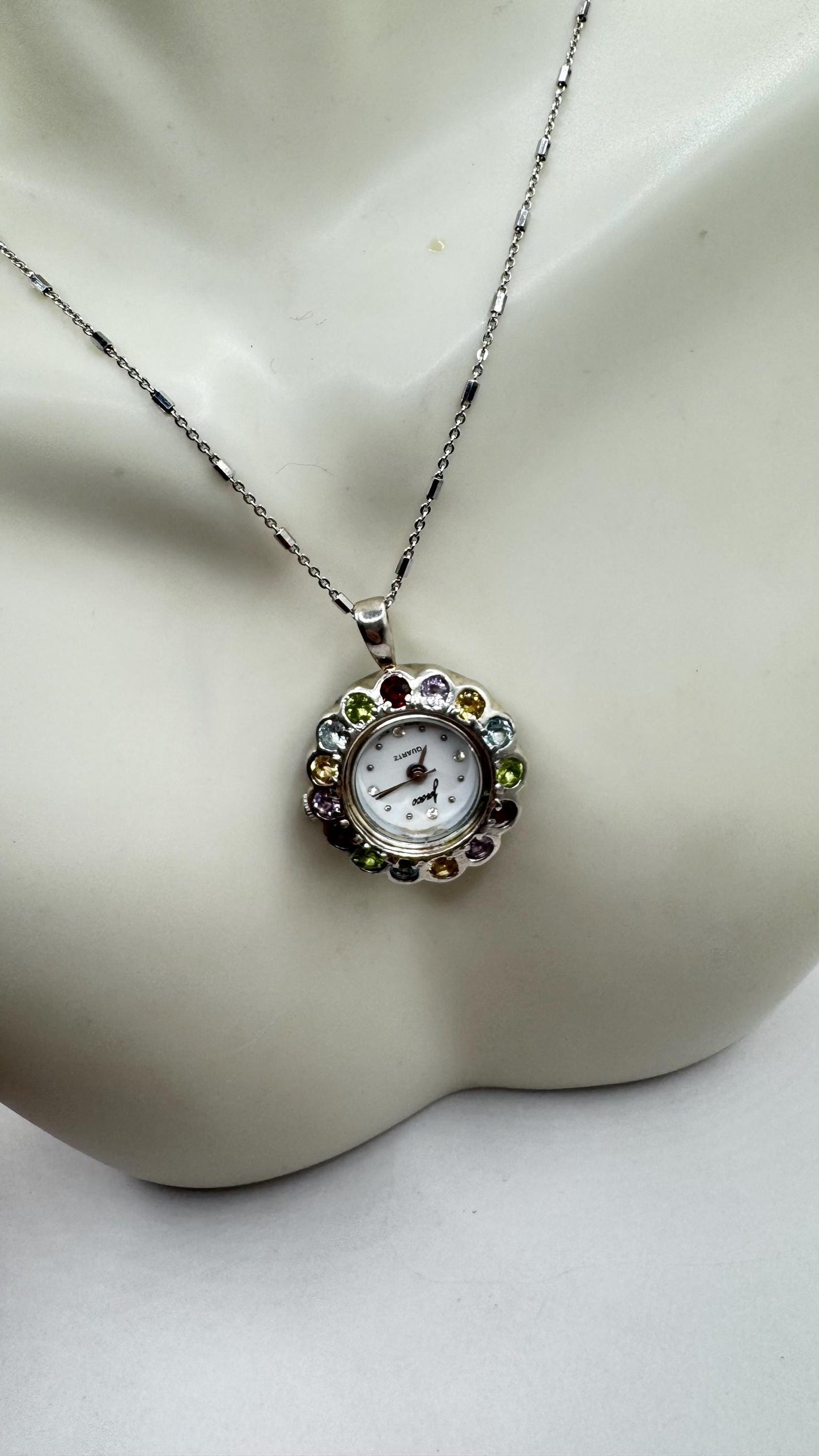 Vintage Watch Necklace 925 Sterling Silver Genuine Gemstone Antique Pendant