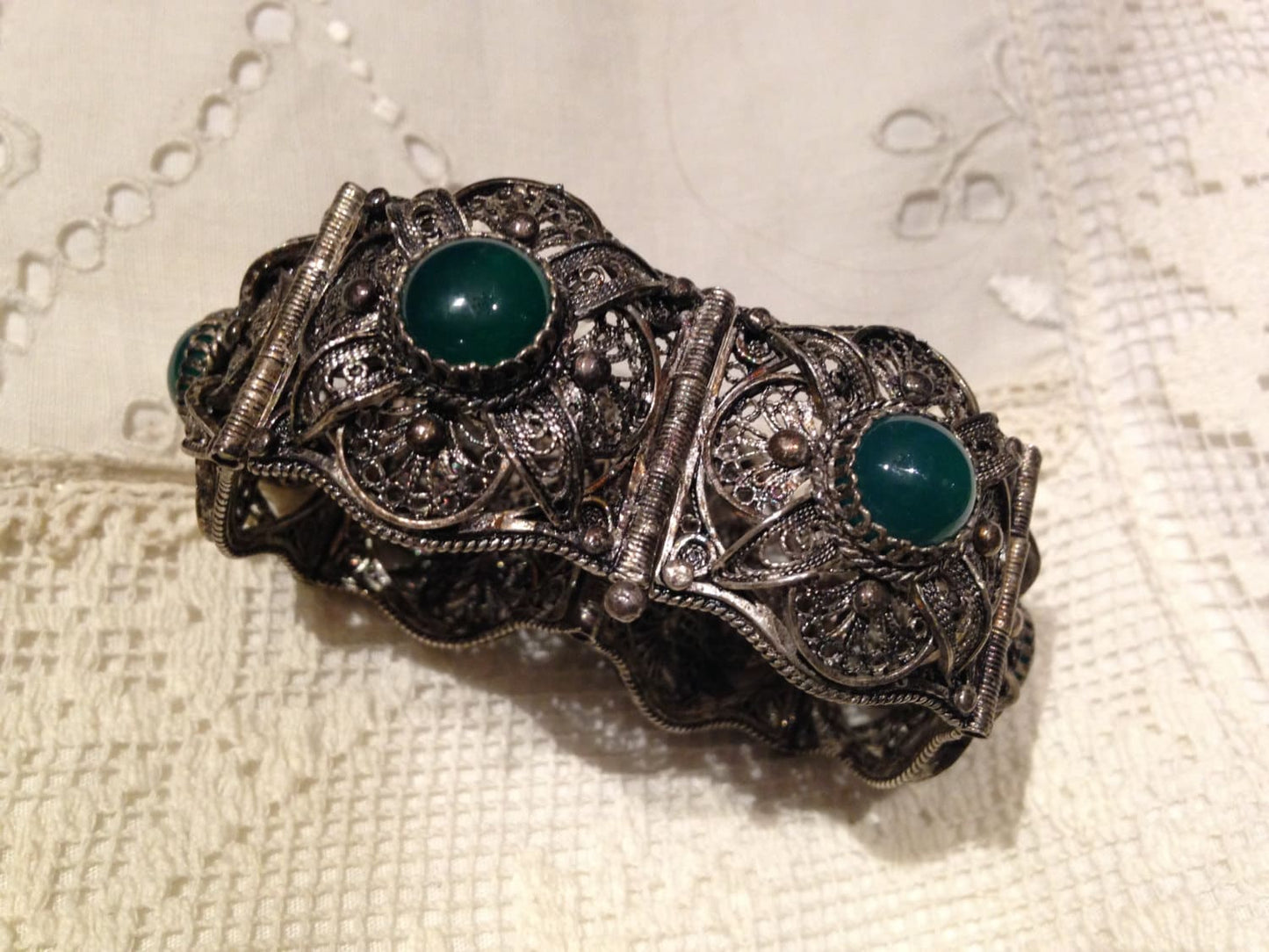 Vintage Gothic Filigree Sterling Silver with Green Onyx Chunky Bracelet