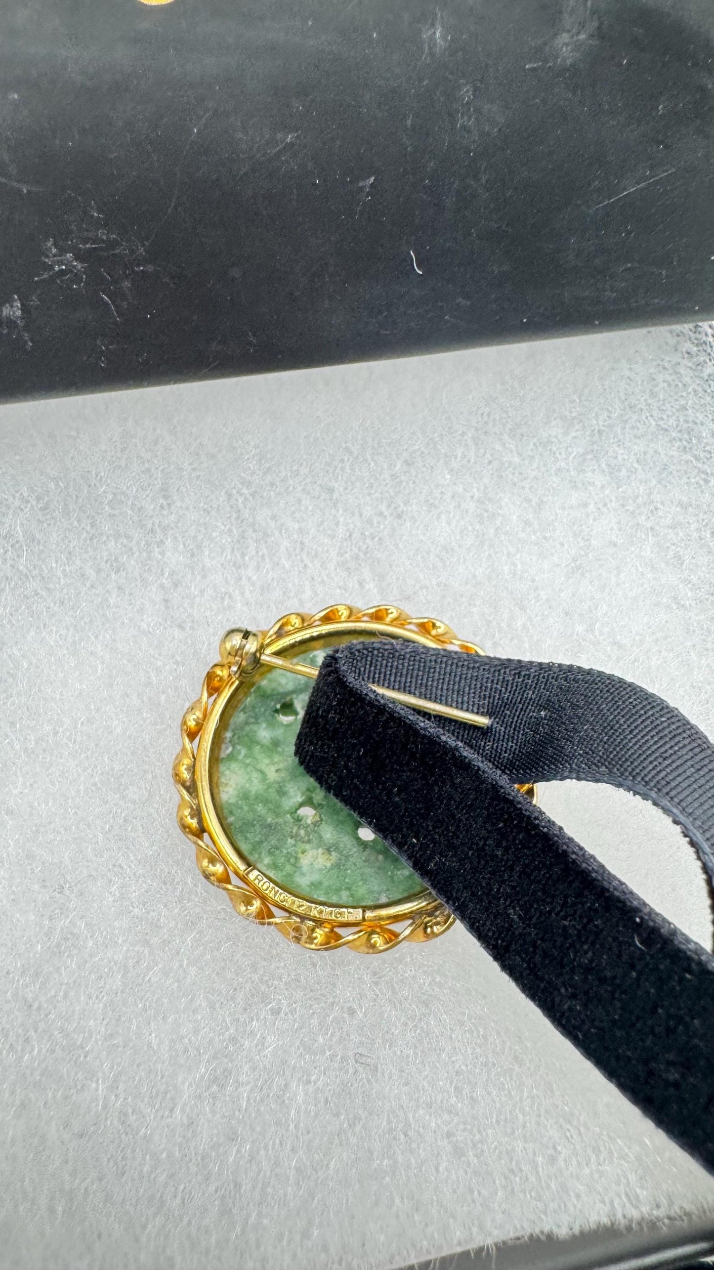Vintage Green Jade Yellow Gold Filled Brooch Pin
