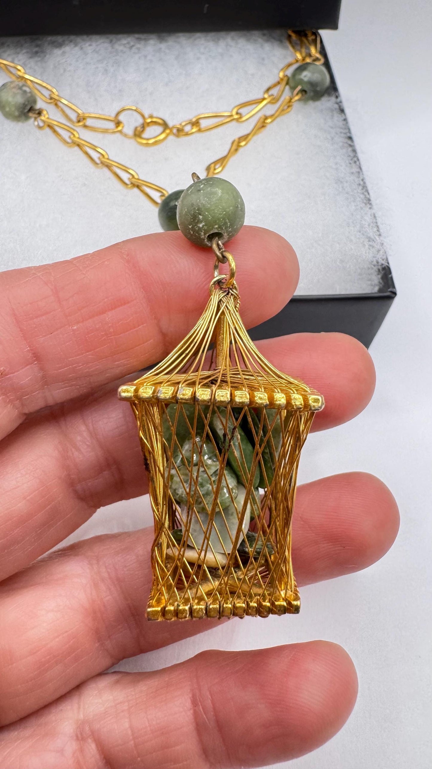 Vintage Green Jade Yellow Gold Filled Necklace