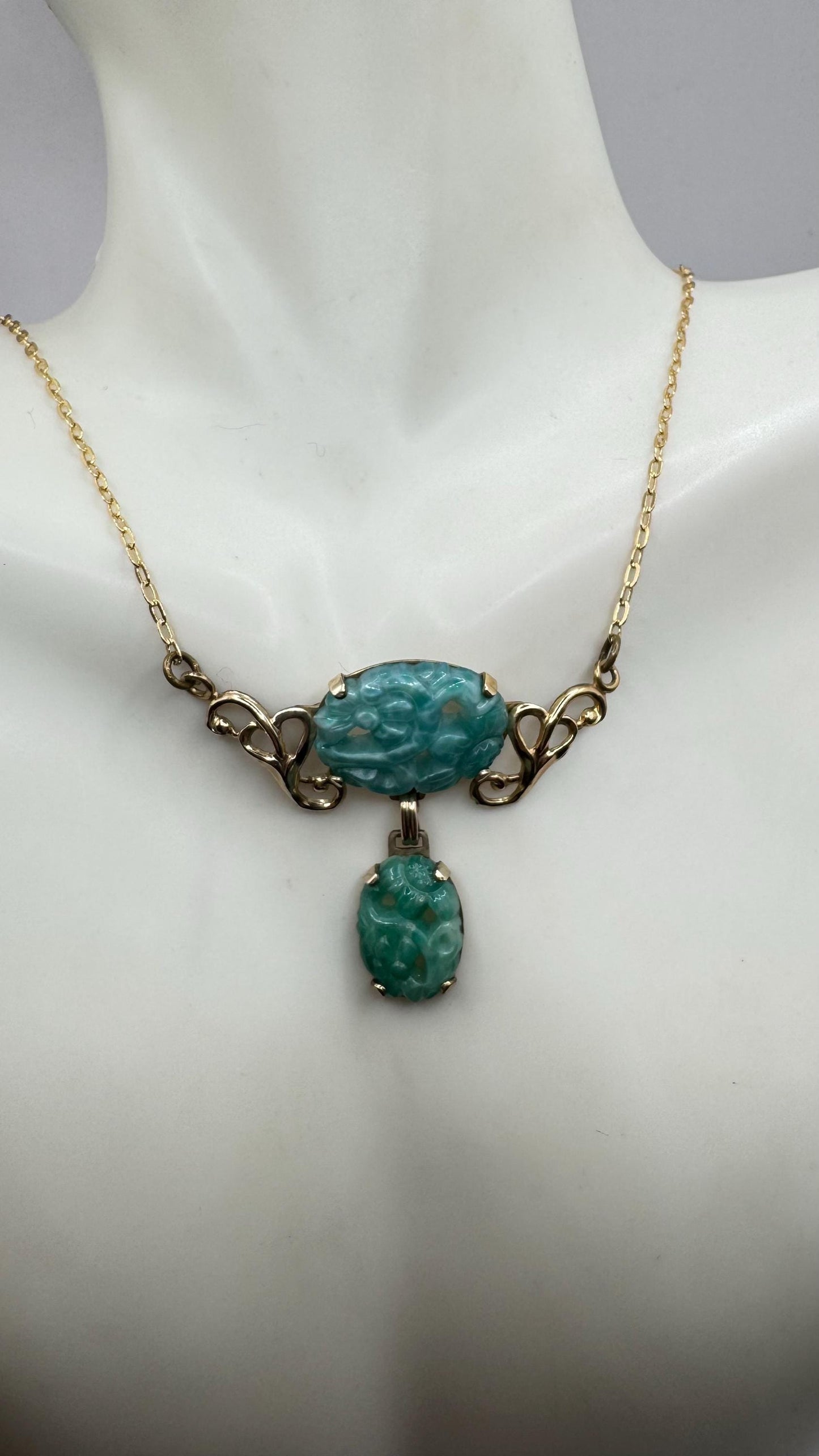 Vintage Green Jade Yellow Gold Filled Necklace