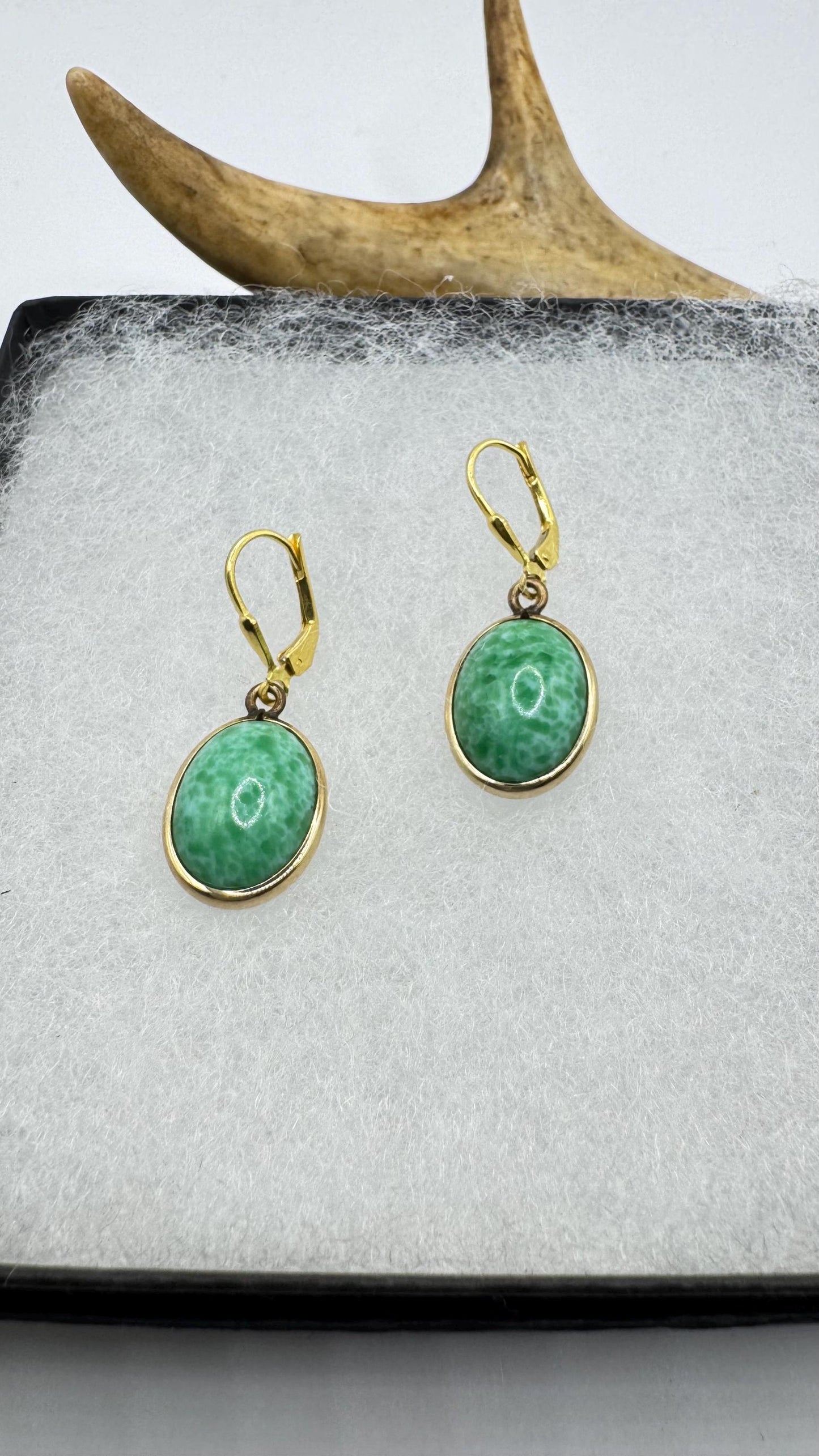 Vintage Fun Green Jade Gemstone Gold filled Lever Back Earrings