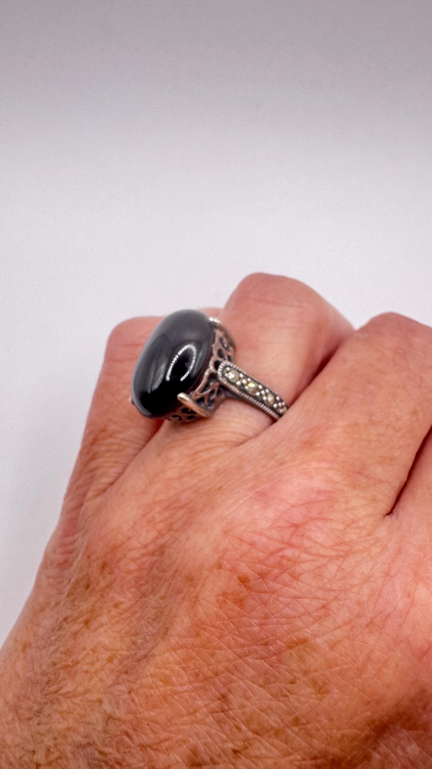 Vintage Genuine Black Onyx Silver Marcasite Ring