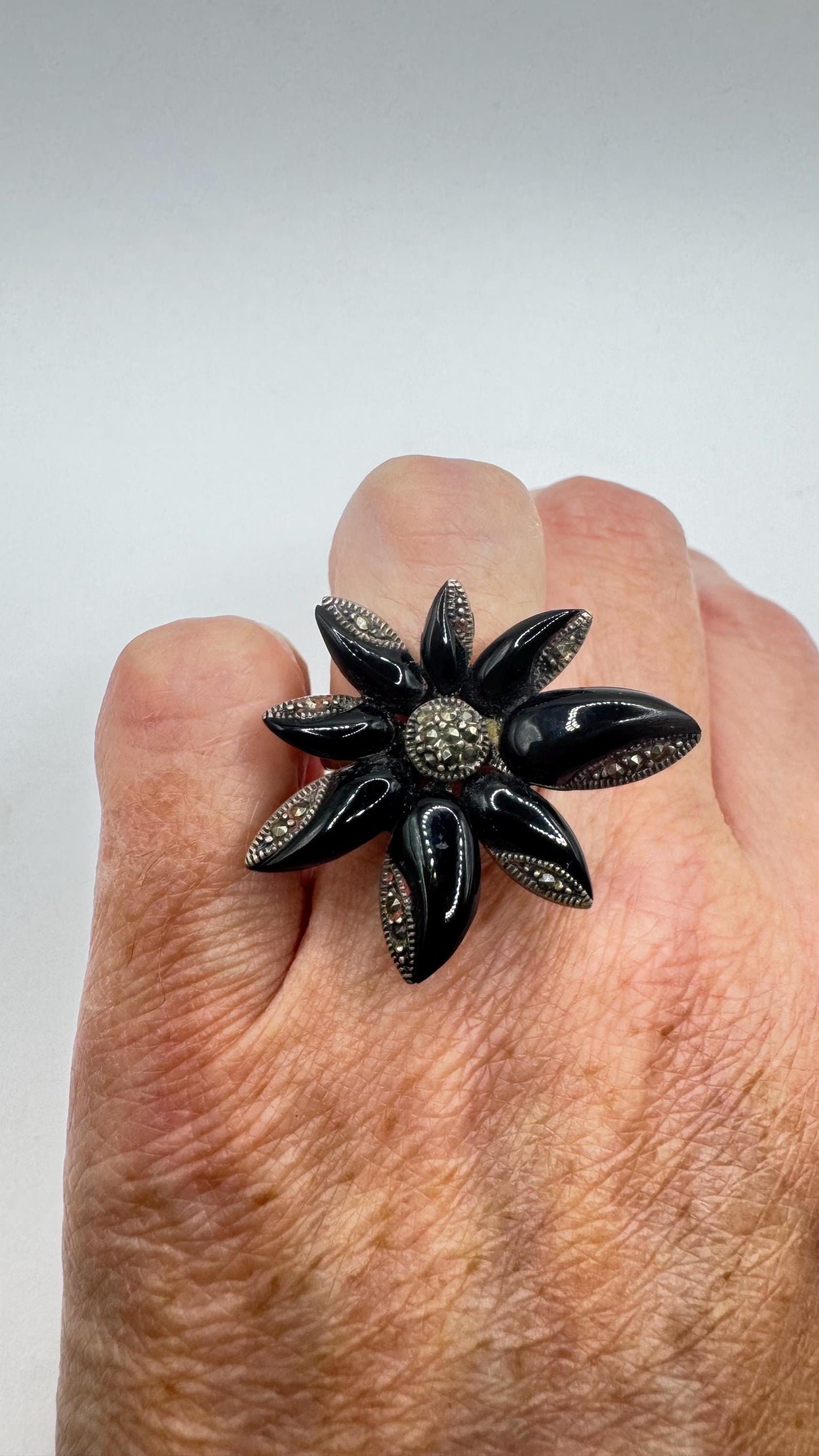 Vintage Genuine Black Onyx Flower Silver Marcasite Ring| chunky statement cocktail ring