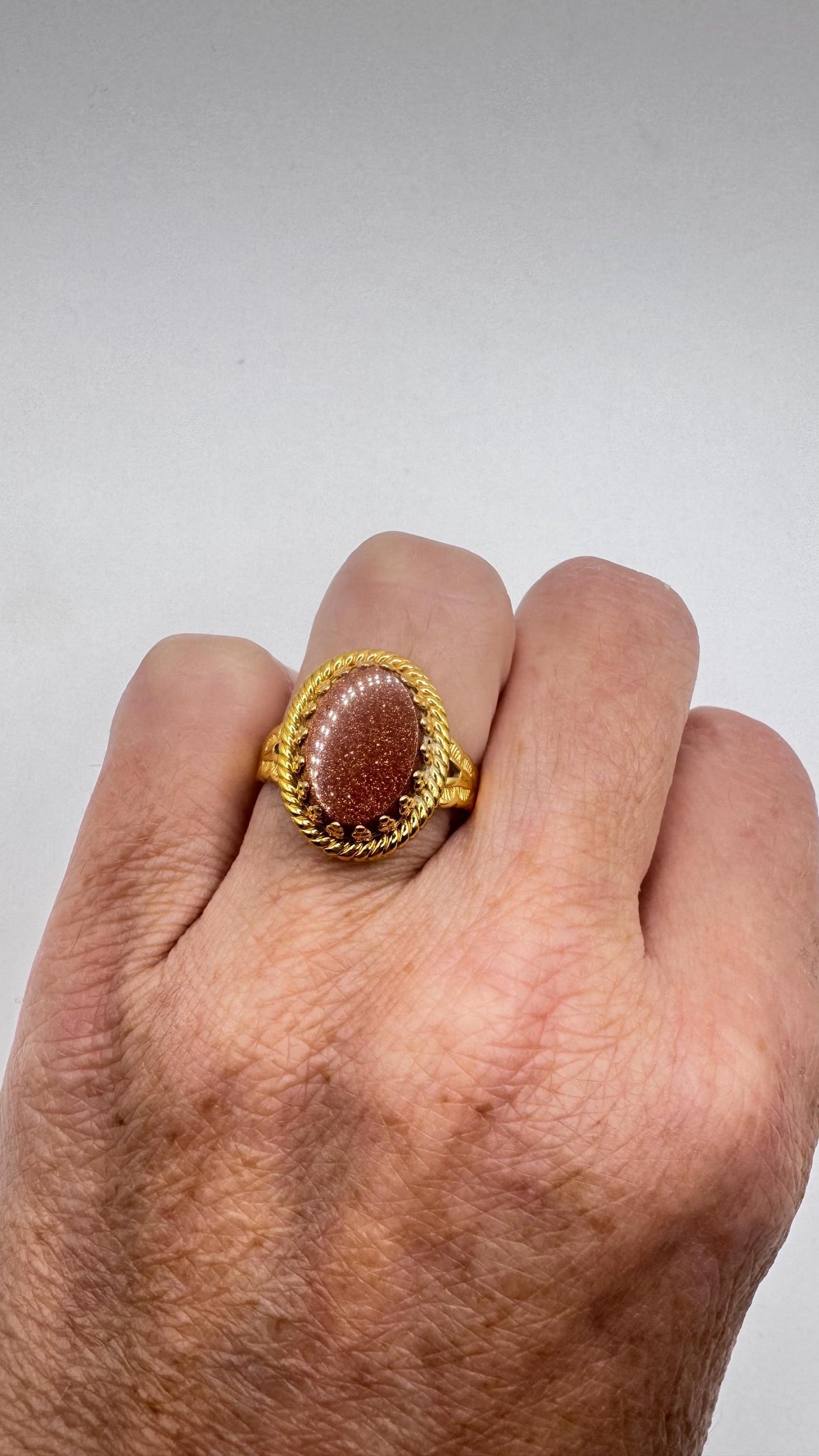 Vintage Goldstone Gold Sandstone Cocktail Ring Gold Filled