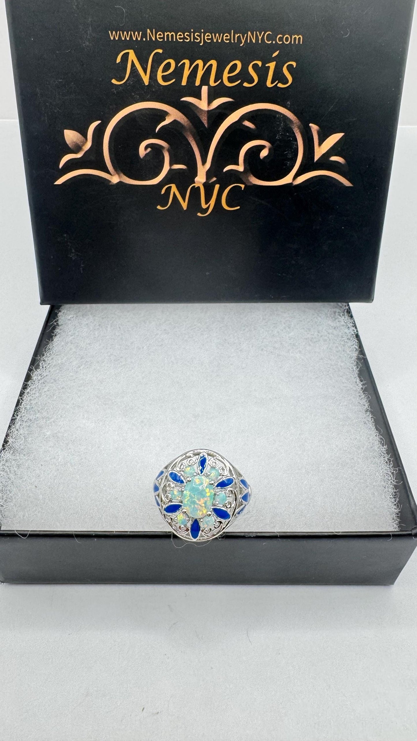 Vintage Ethiopian Fire Opal surrounded by Blue Enamel 925 Sterling Silver Ring