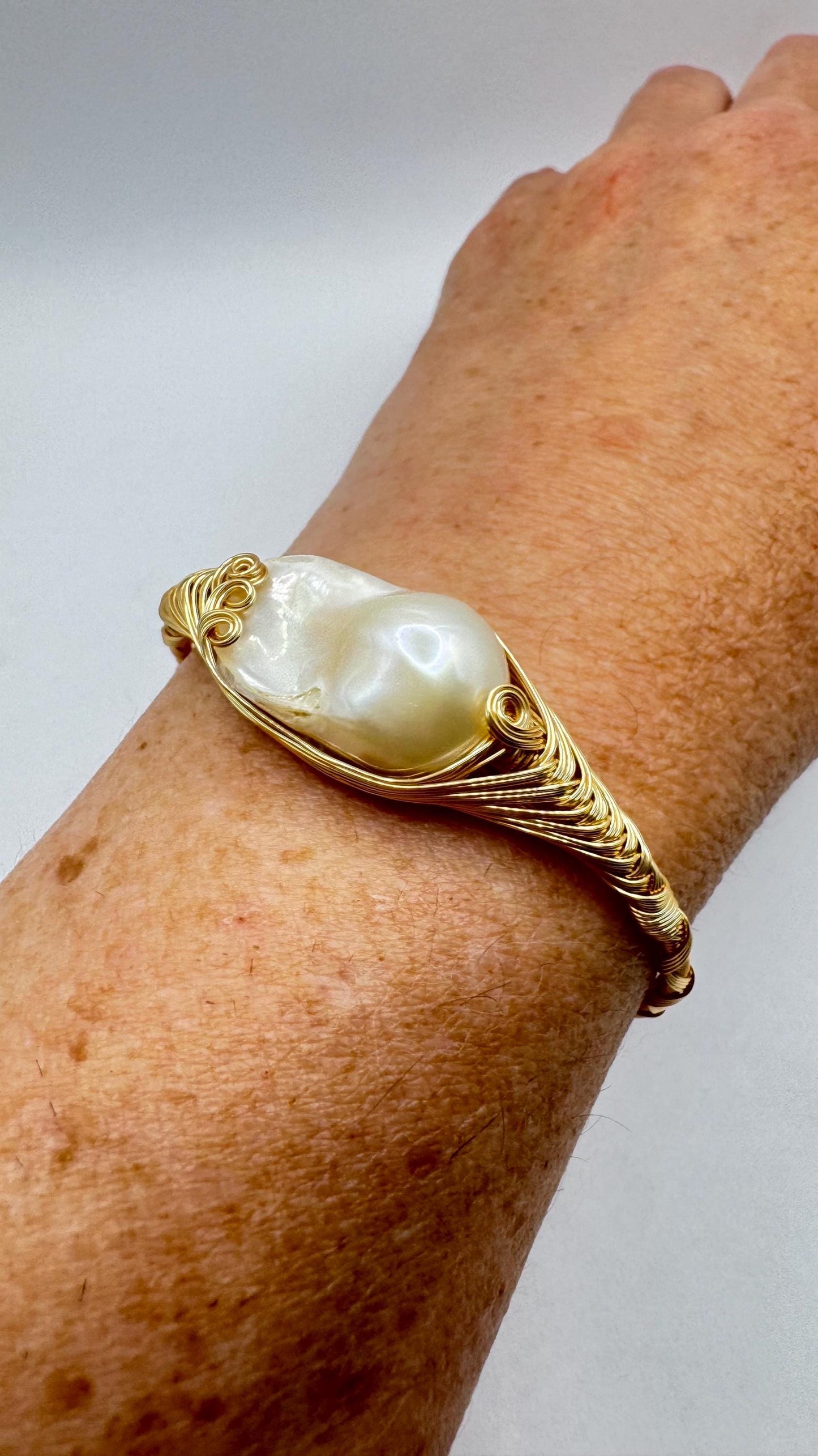 Vintage Pearl Cuff Bangle Bracelet Gold 925 Sterling Silver Hand Made
