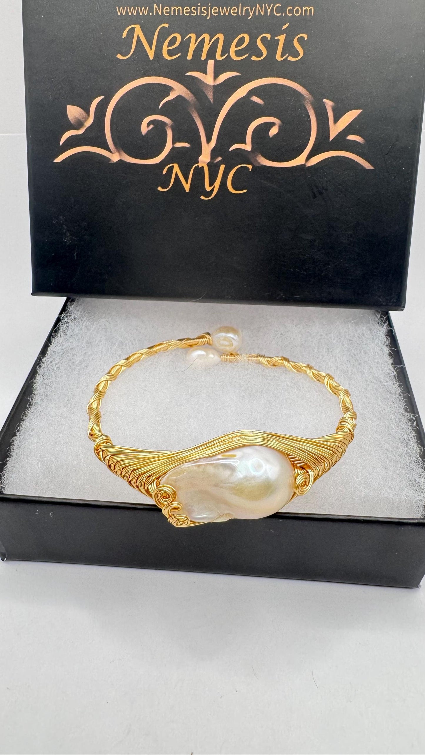 Vintage Pearl Cuff Bangle Bracelet Gold 925 Sterling Silver Hand Made