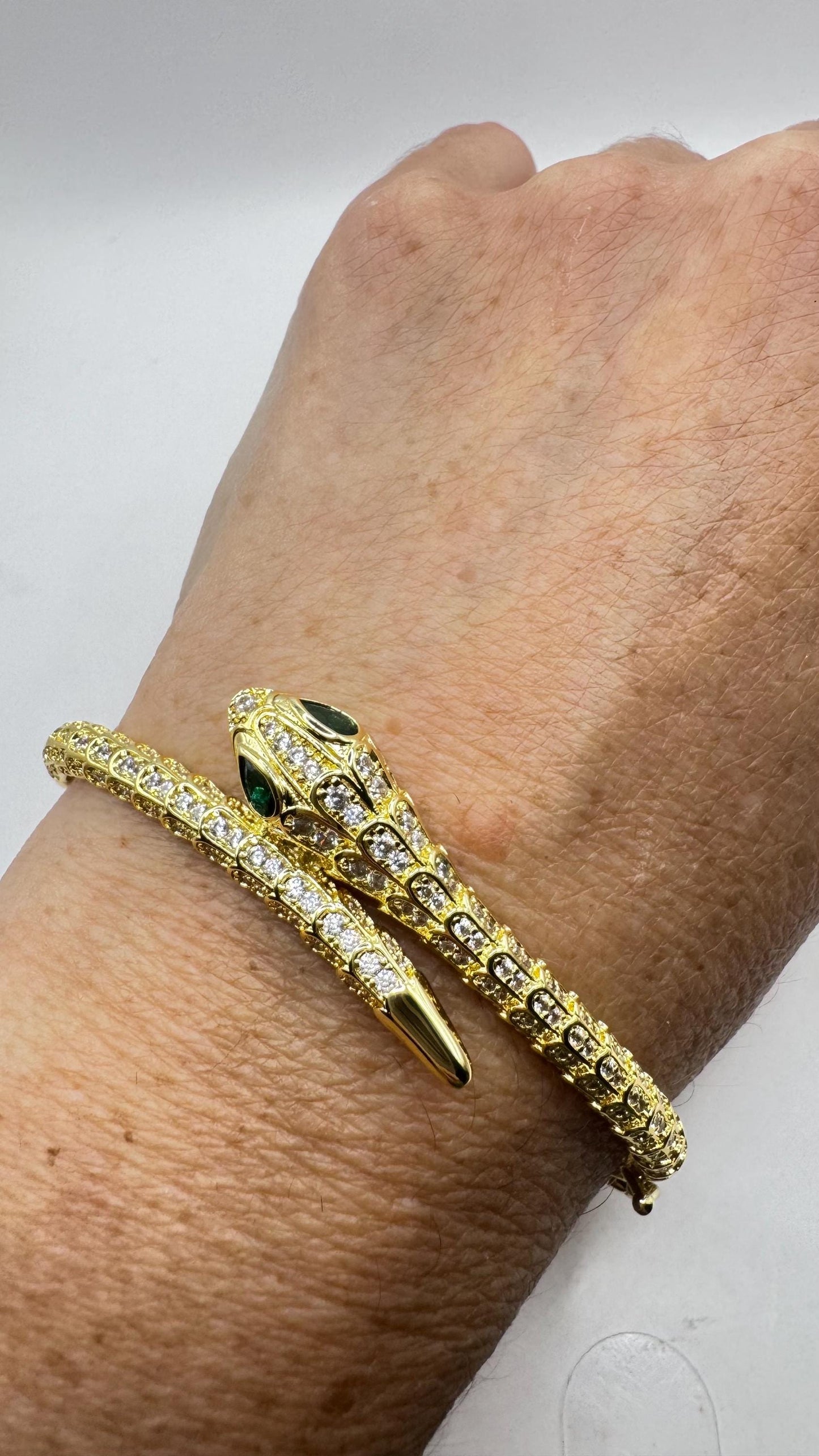 Vintage Snake Bangle Bracelet Gold finished Bronze Green Crystal Eyes