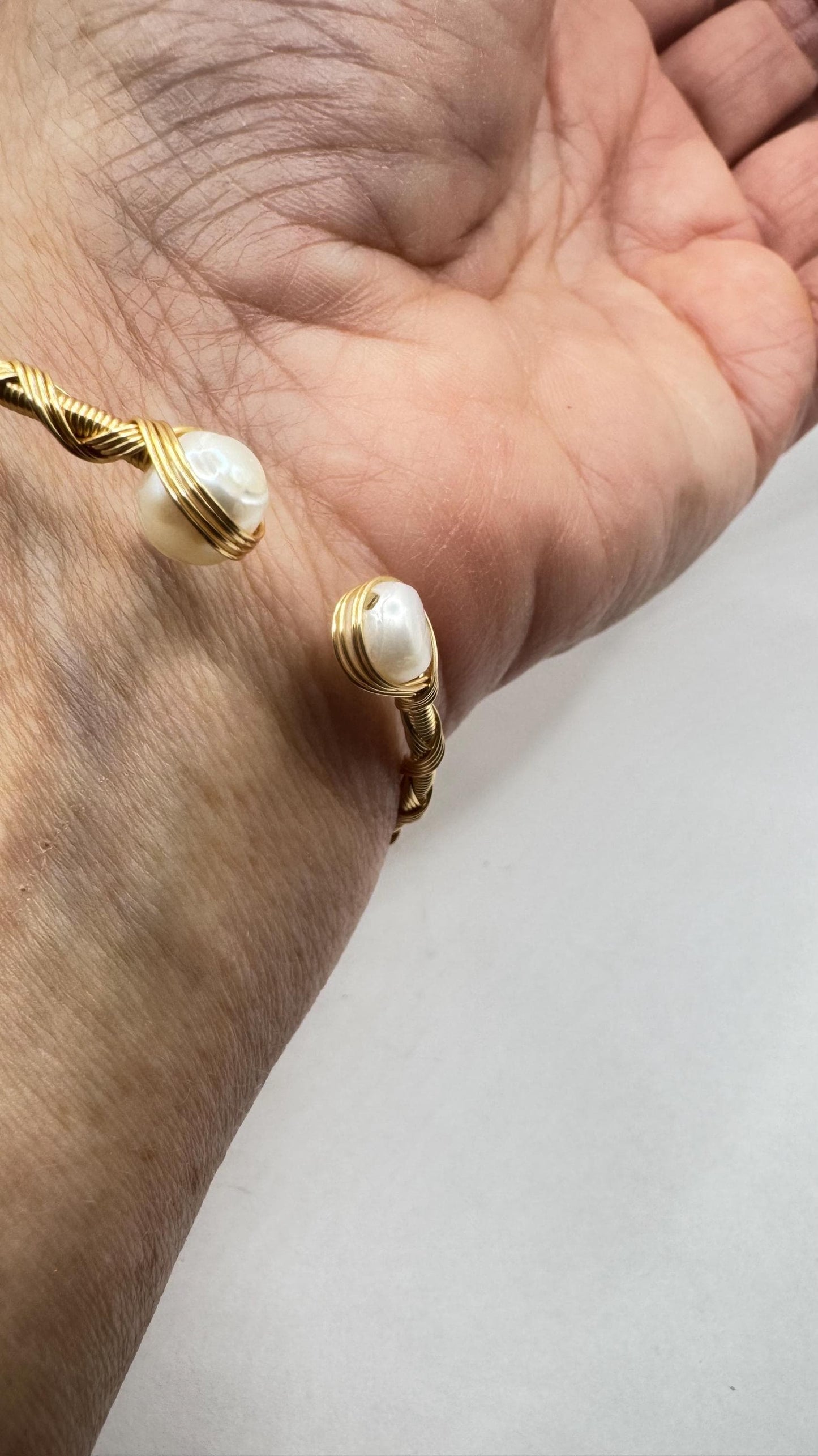 Vintage Pearl Cuff Bangle Bracelet Gold 925 Sterling Silver Hand Made