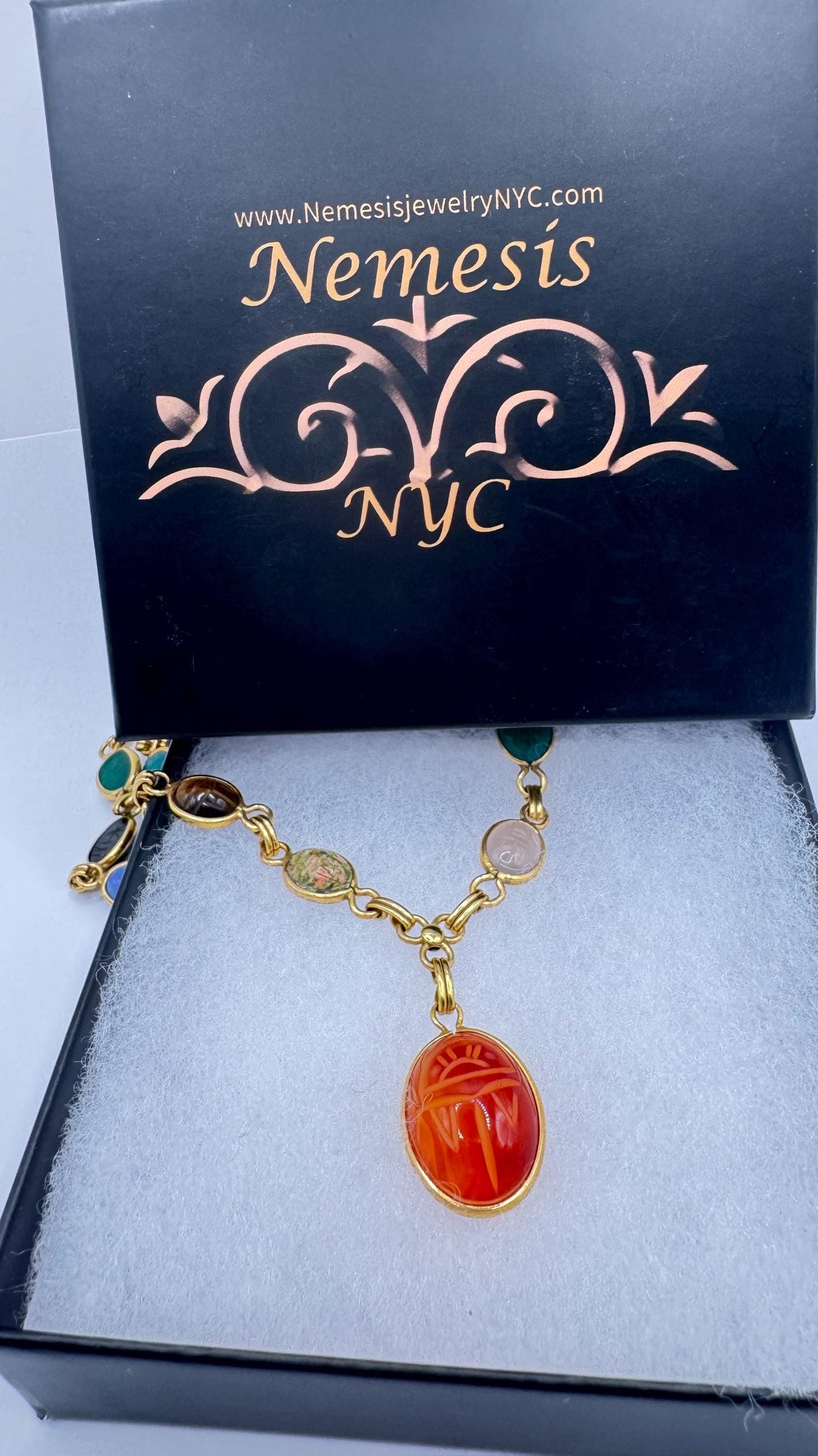 Vintage Green Jade Mixed Stone scarab Yellow 14k Gold Fill Necklace