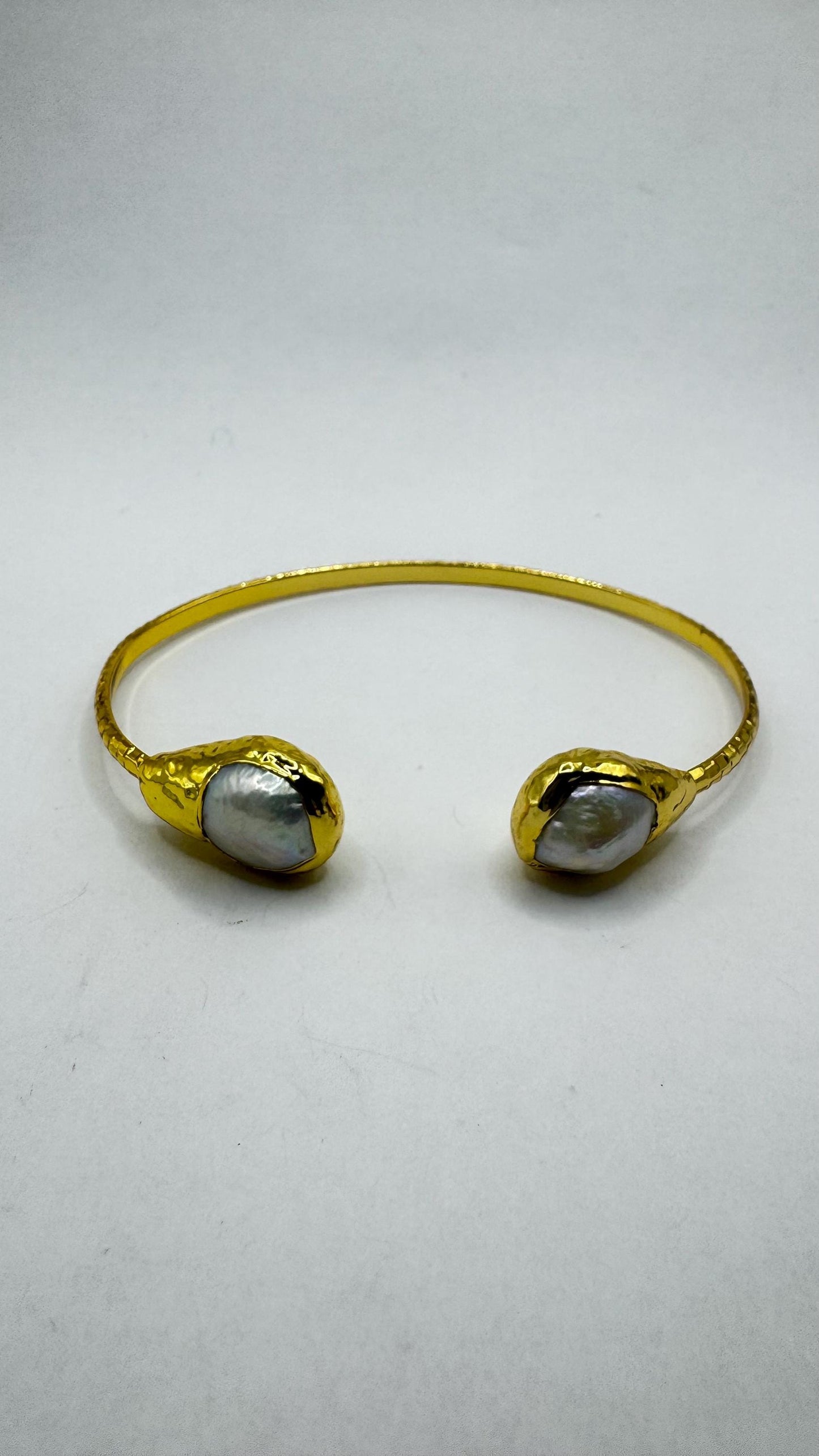 Vintage Pearl Cuff Bangle Bracelet Gold 925 Sterling Silver Hand Made