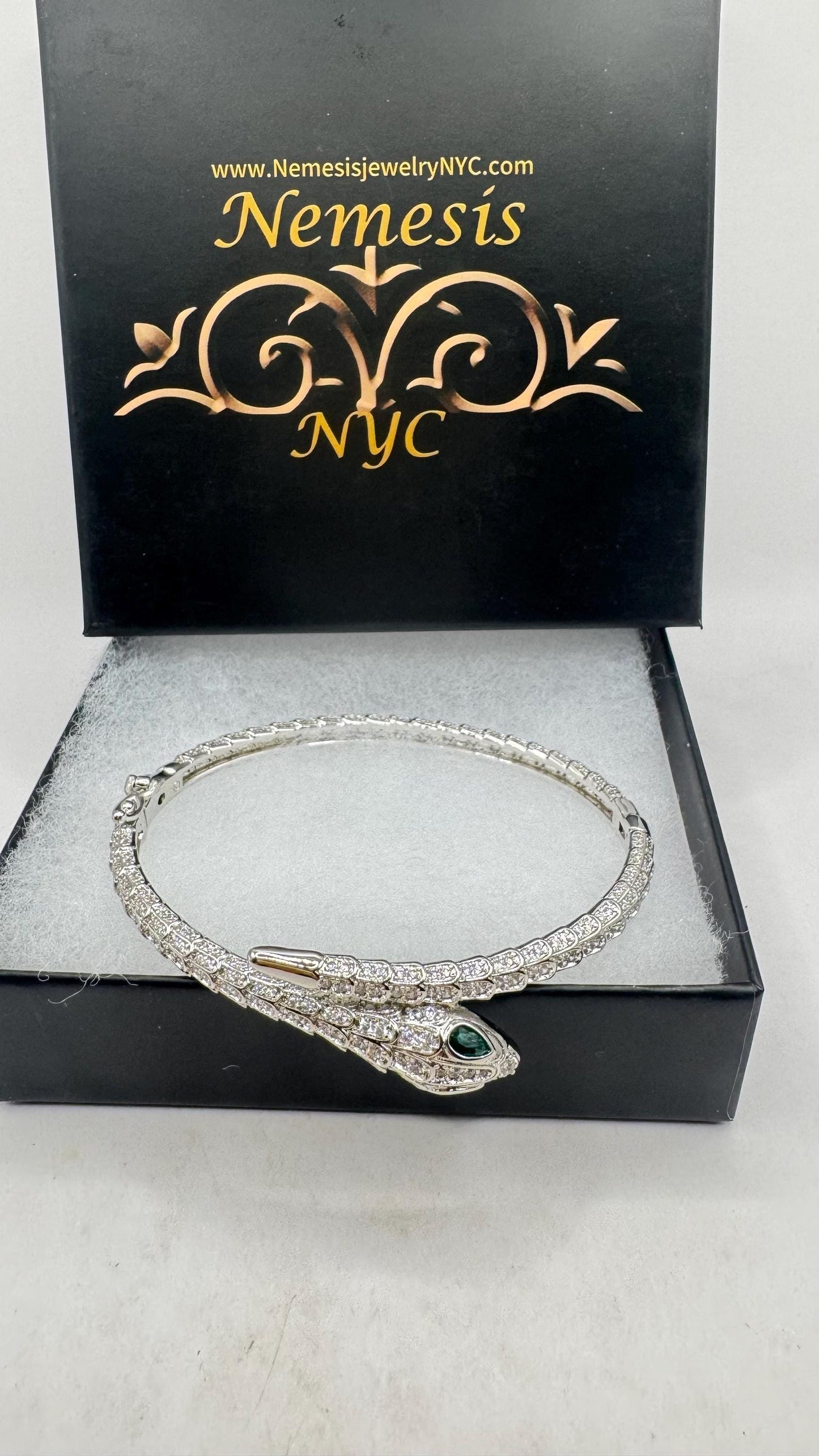 Vintage Snake Bangle Bracelet White Gold finished Bronze Green Crystal Eyes