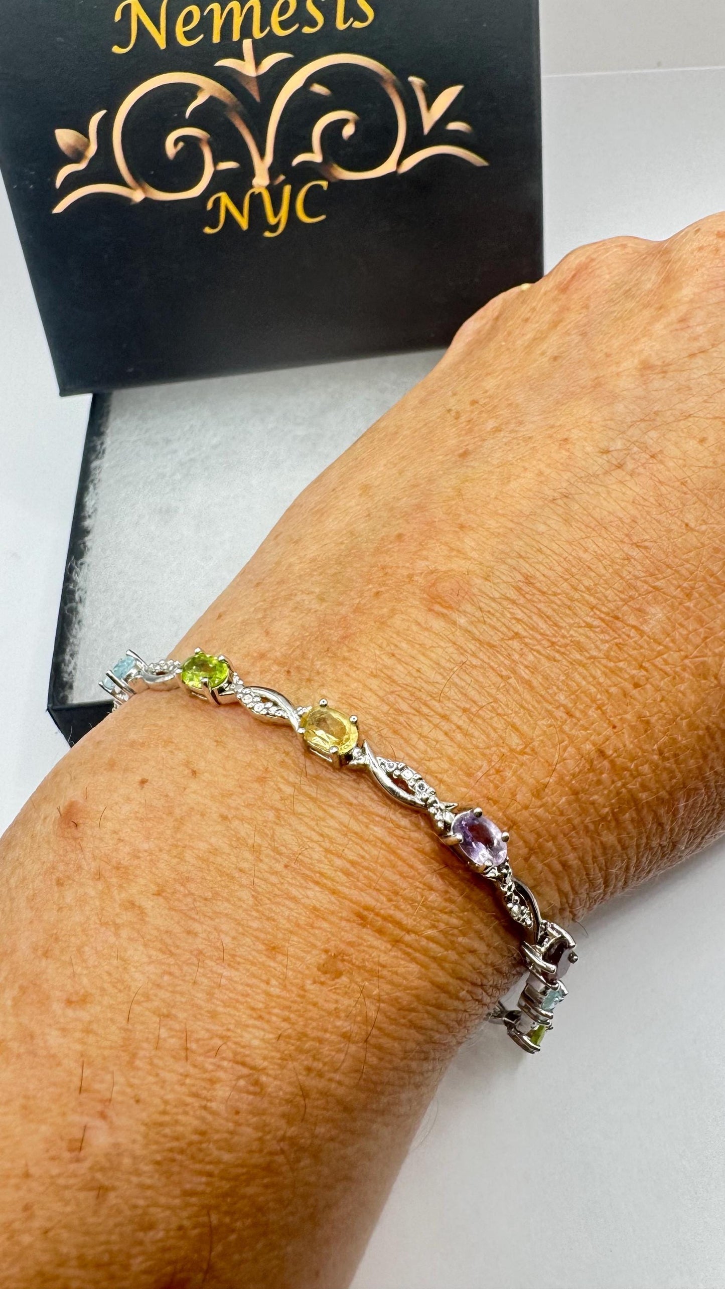 Vintage Mixed Gemstone Rhodium 925 Sterling Silver Tennis Bracelet