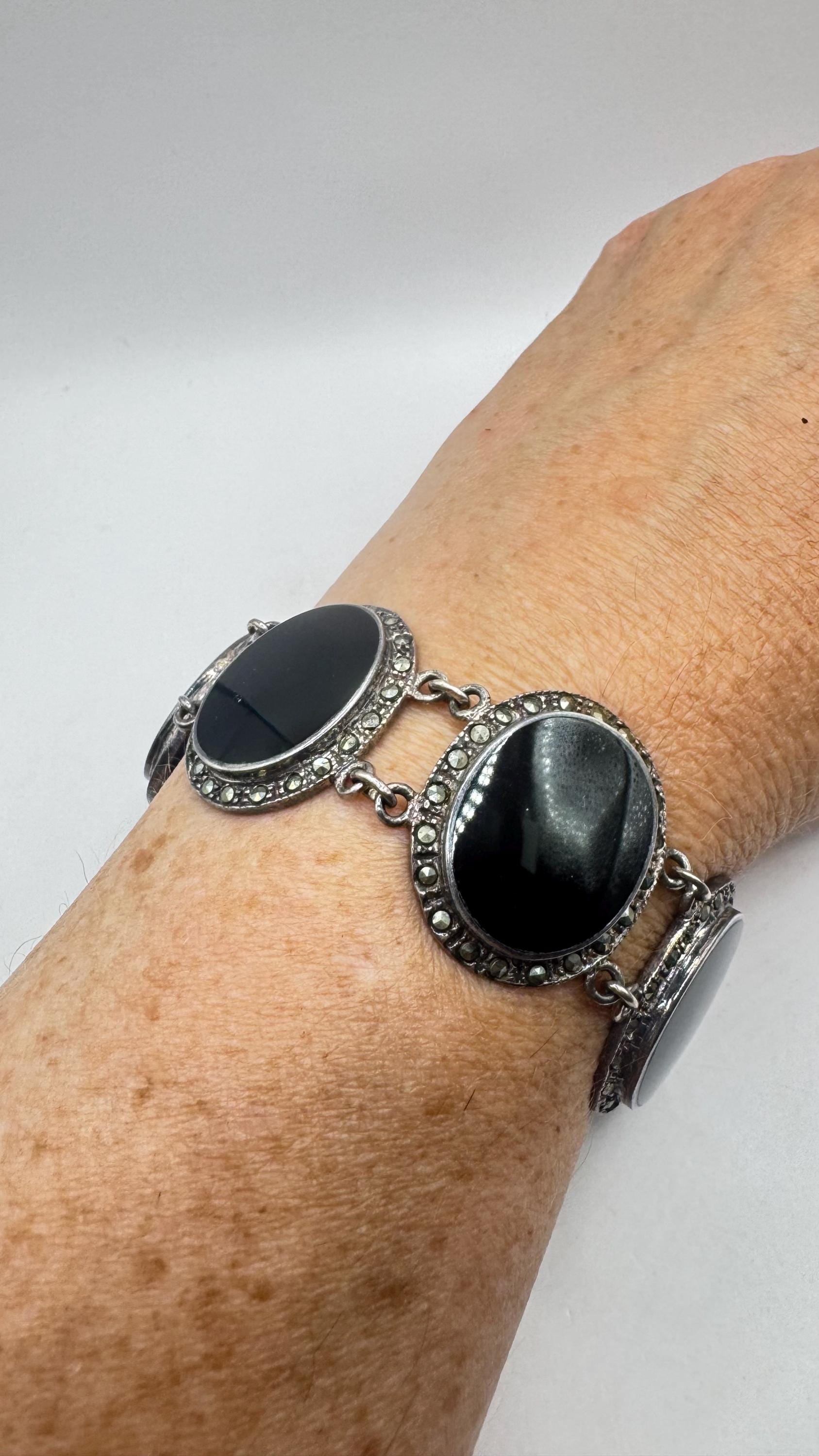 Vintage Marcasite Bracelet 925 Sterling Silver Black Onyx 