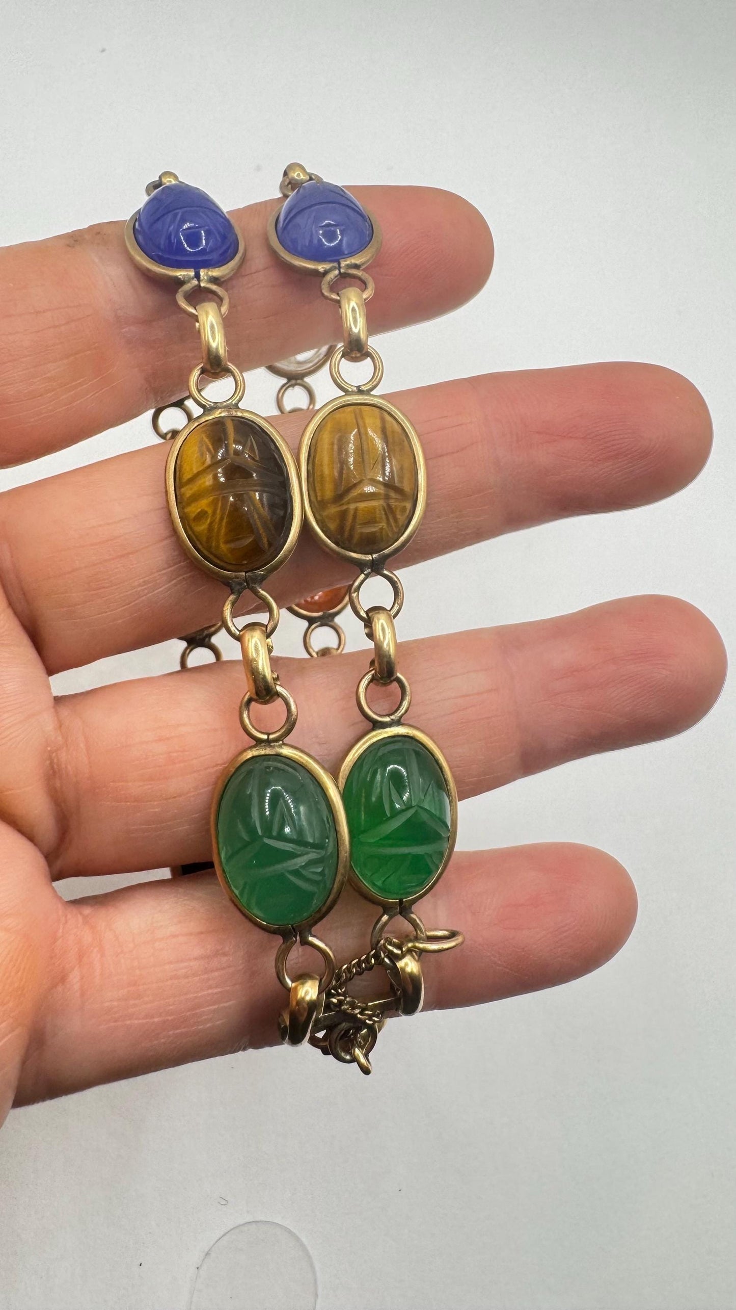 Vintage Scarab Bracelet Gold filled Carved Gemstones