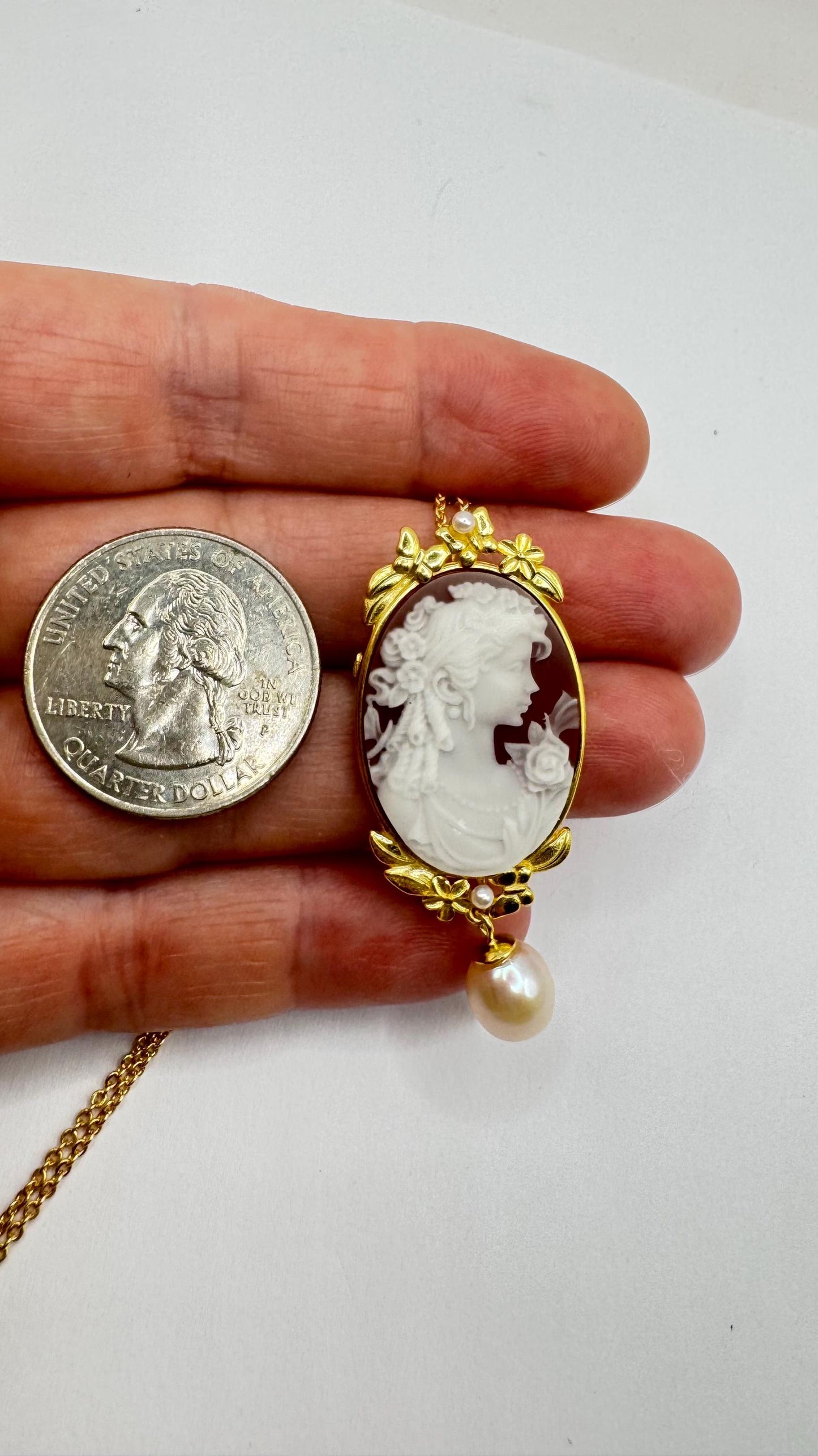 Vintage Shell three graces Cameo Yellow Gold Filled Necklace Choker pin brooch