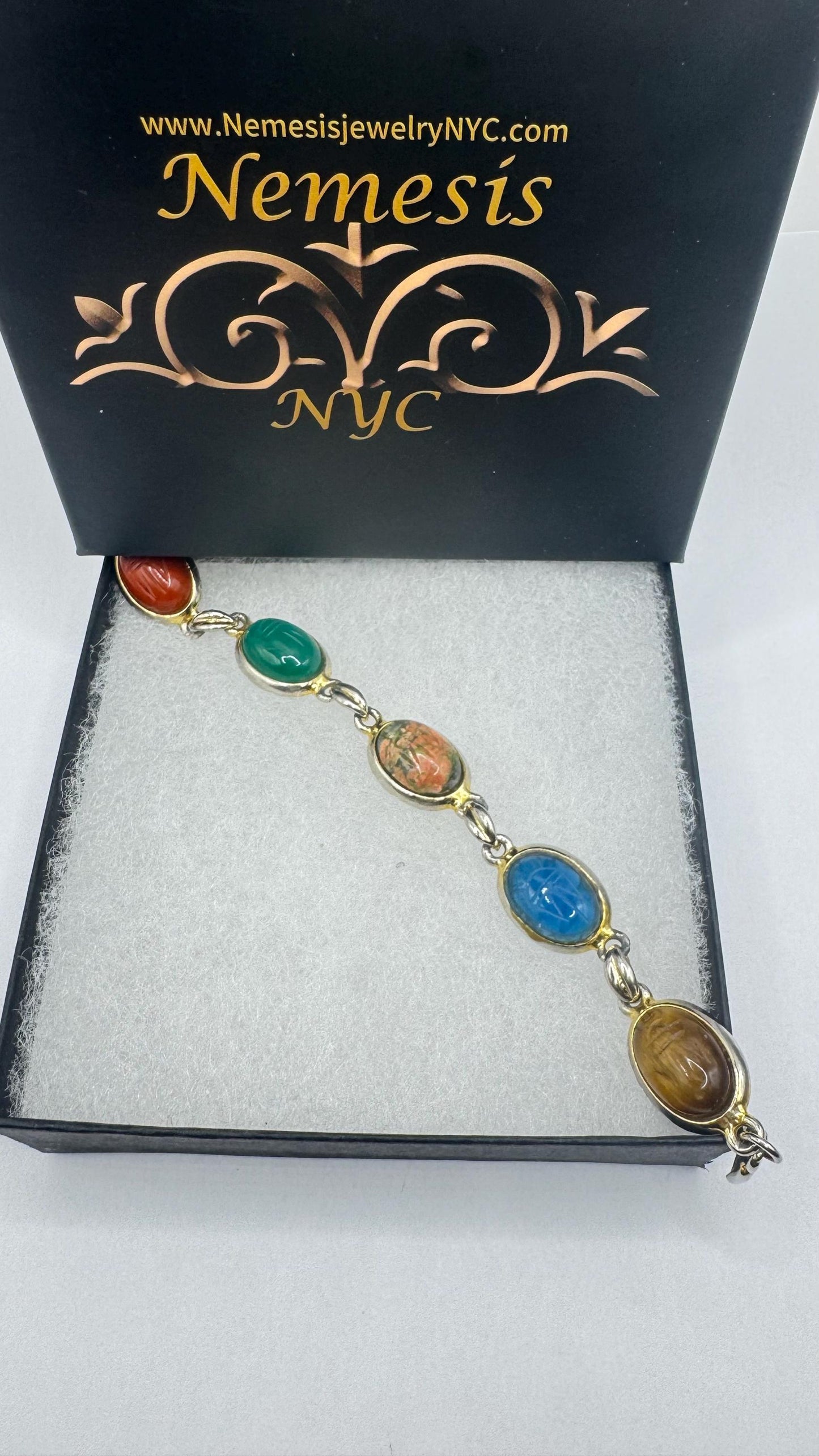 Vintage Scarab Bracelet Gold filled Carved Gemstones