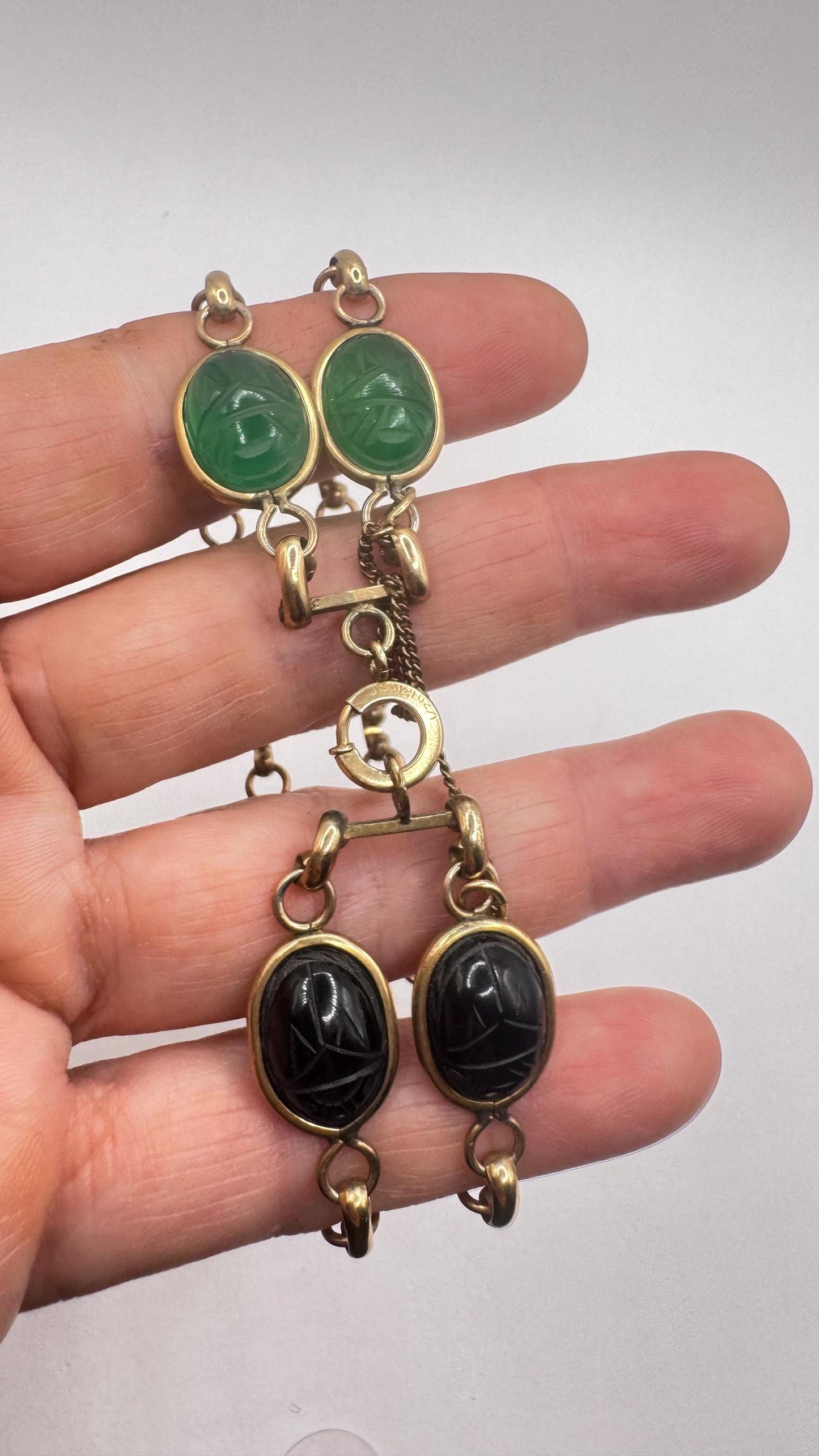 Vintage Scarab Bracelet Gold filled Carved Gemstones