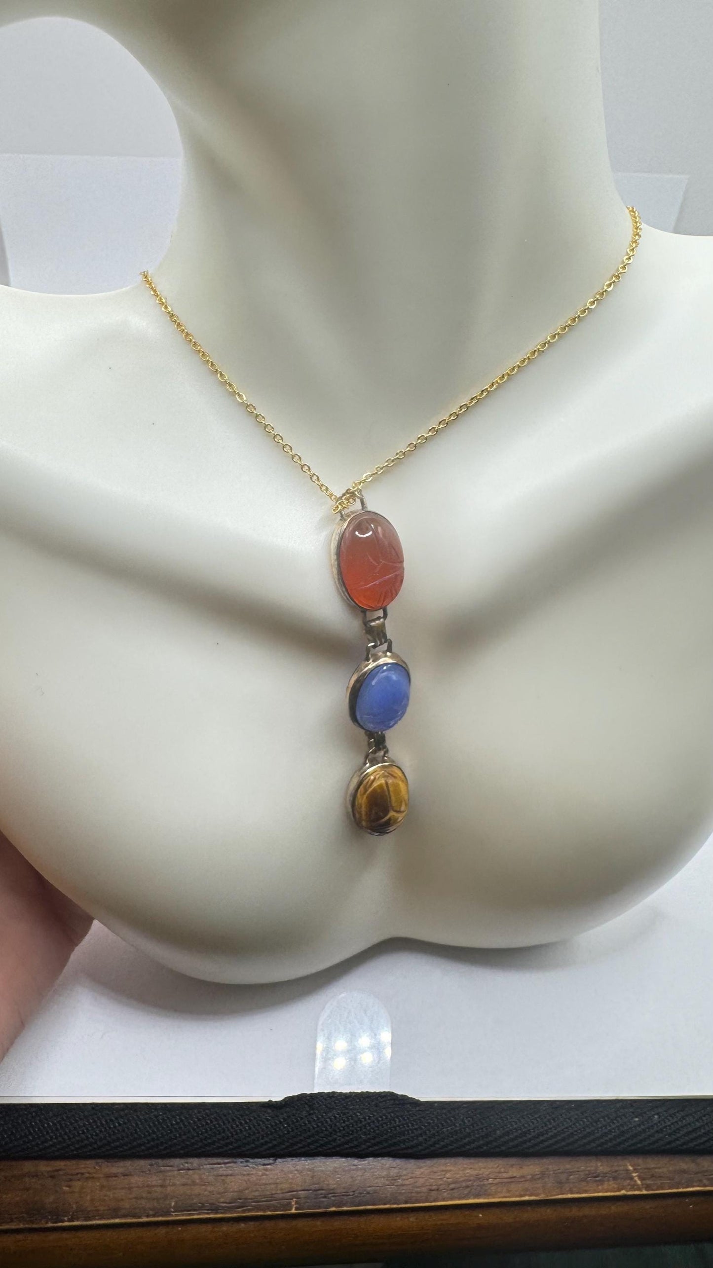 Vintage Carved Scarab Gemstone Gold Filled Choker Necklace