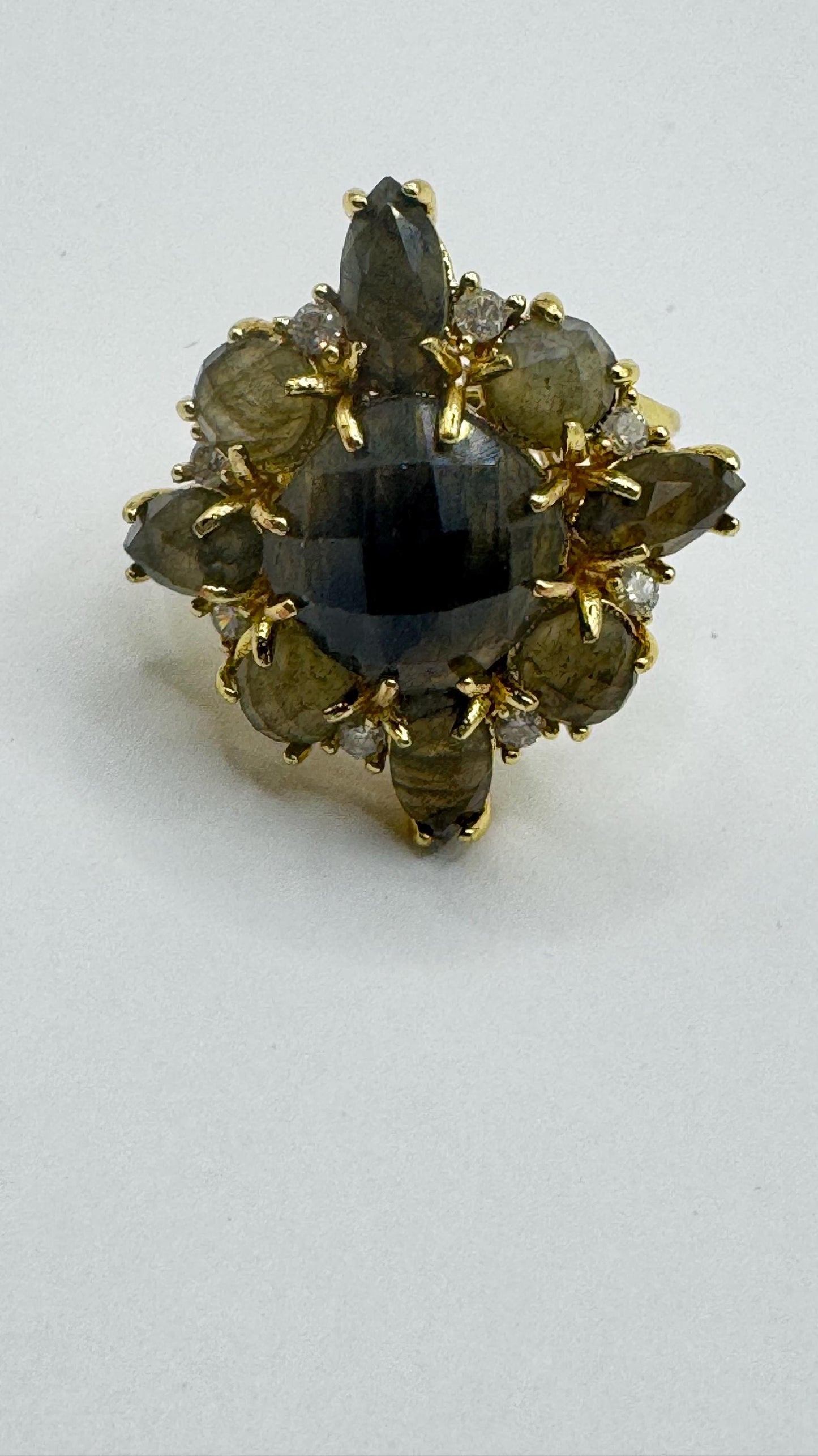 Vintage Large Labradorite Rainbow Moonstone Stone Gold Adjustable Cocktail Ring
